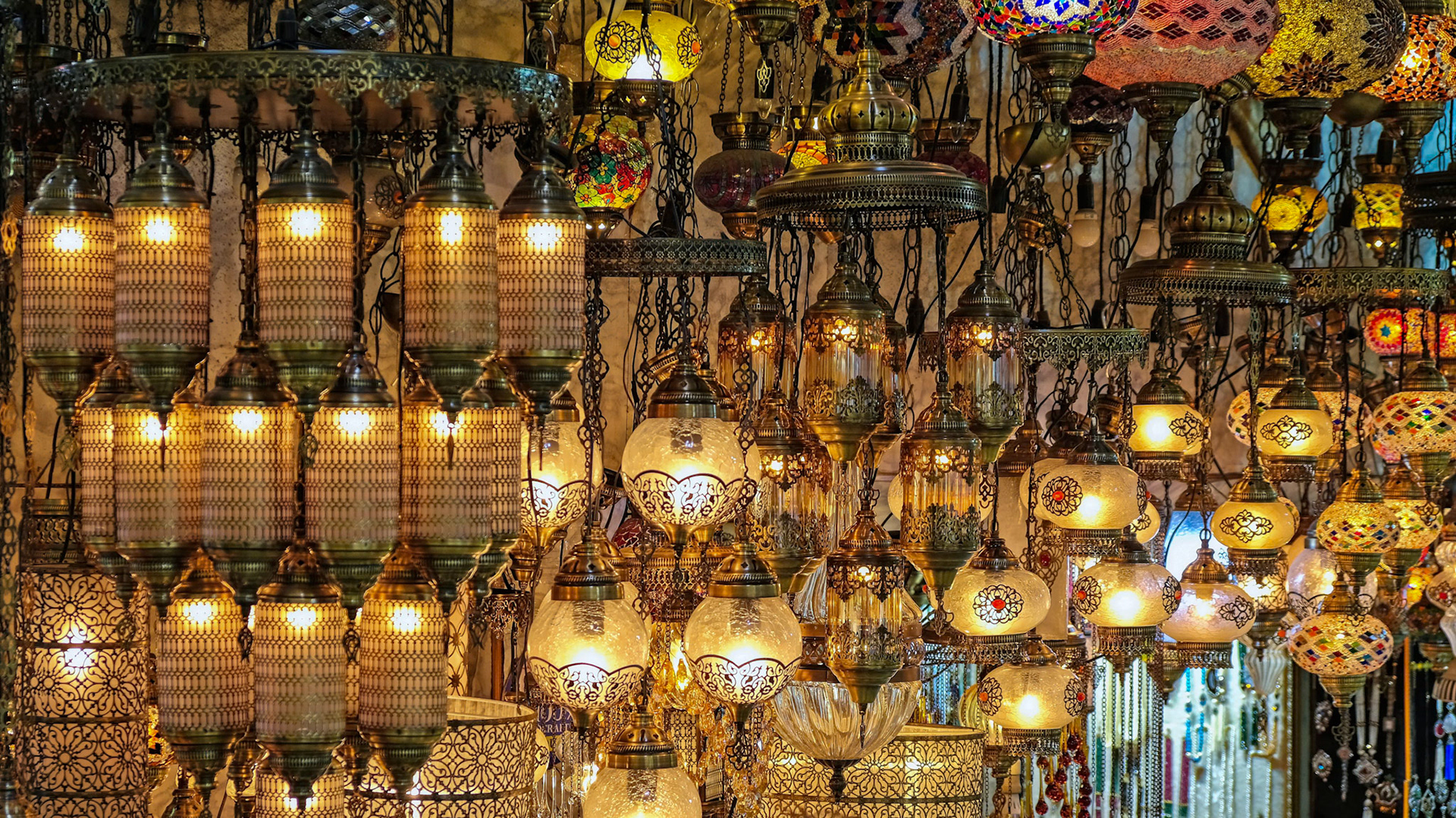 ISTANBUL, TURKEY - MAY 25 : Lights for sale in the Grand Bazaar in Istanbul Turkey on May 25, 2018