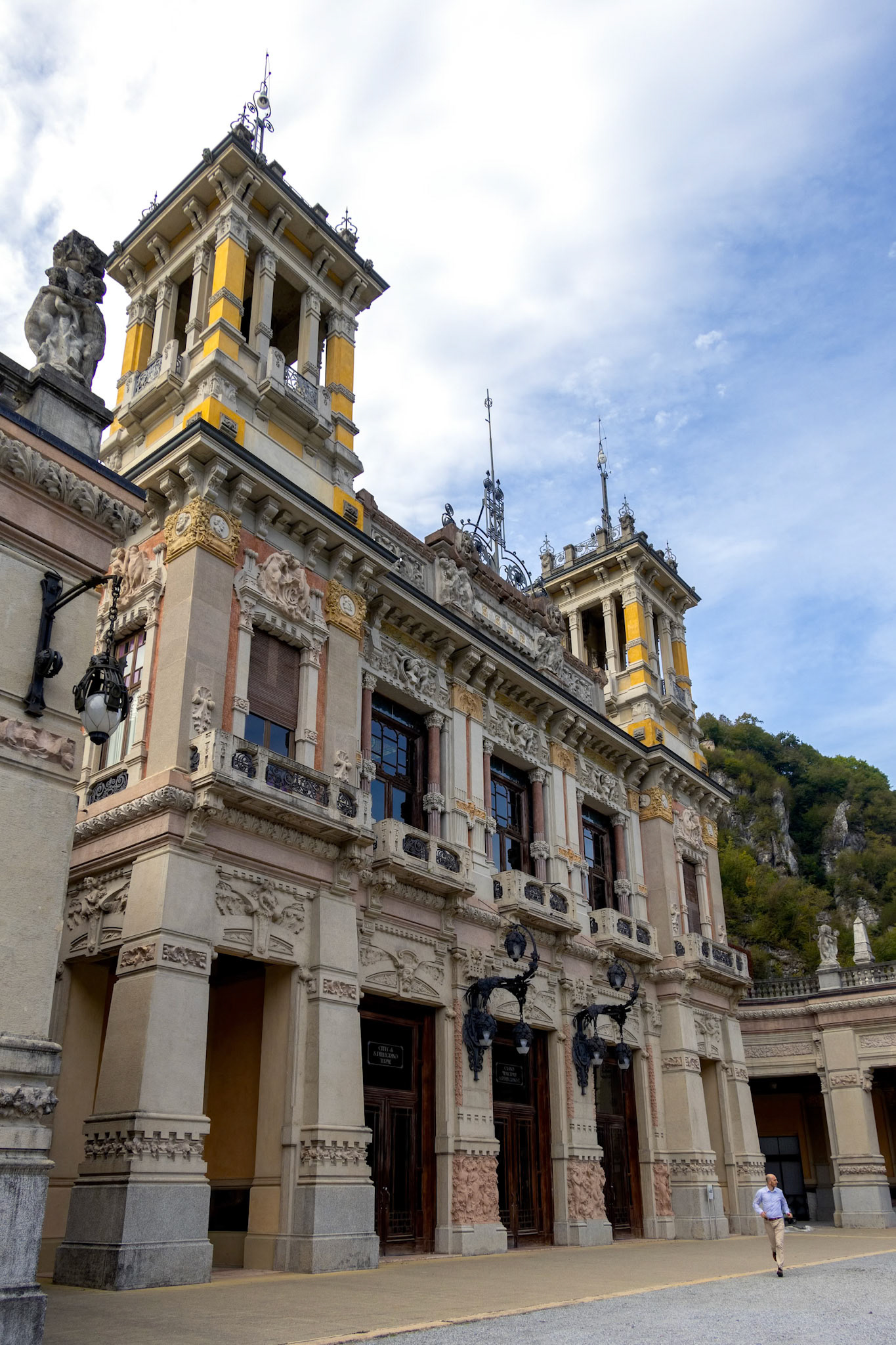 SAN PELLEGRINO, LOMBARDY/ITALY - OCTOBER 5 : View of the Casino in San Pellegrino Lombardy Italy on October 5, 2019. One unidentified man
