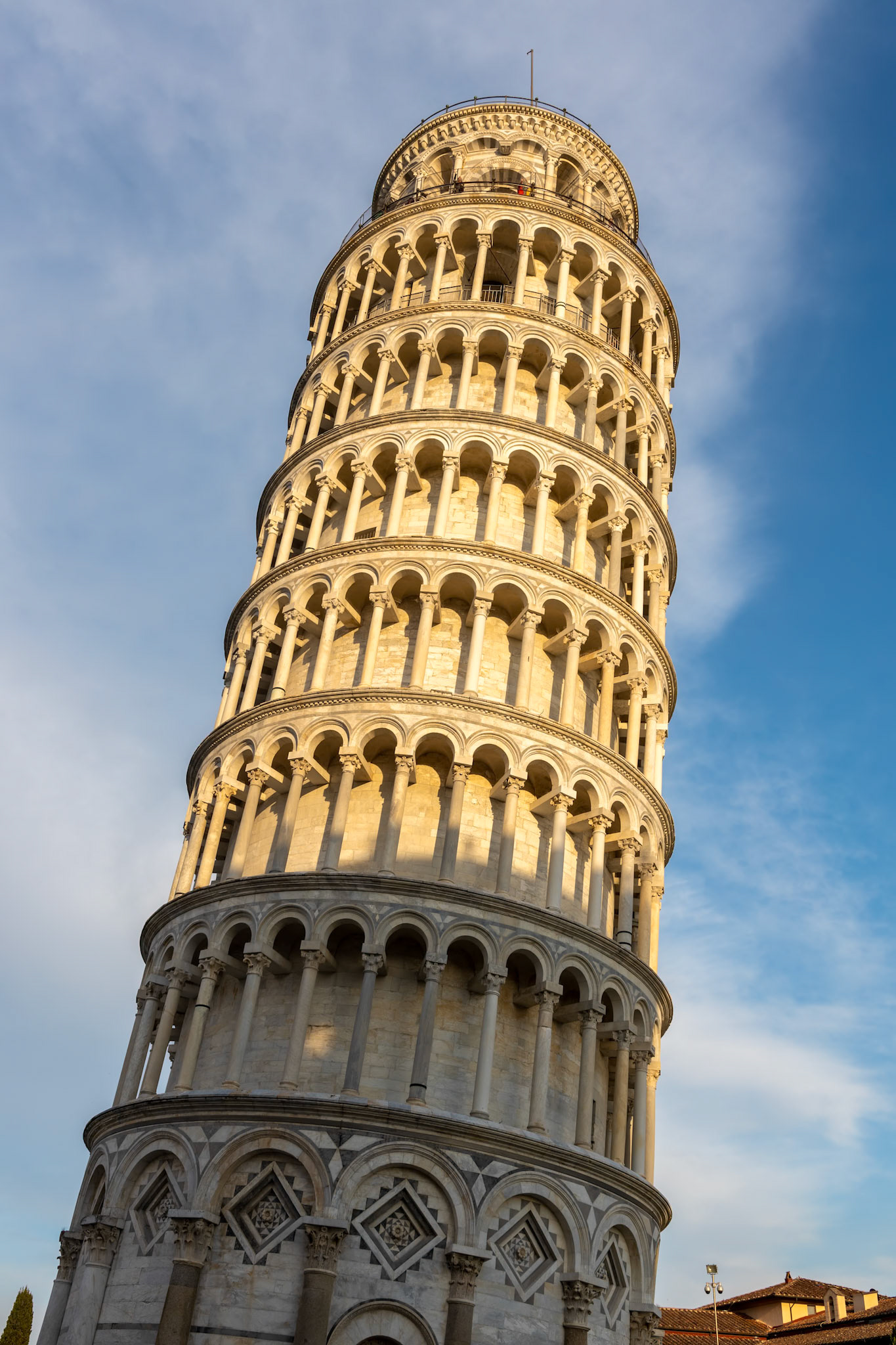 PISA, TUSCANY/ITALY  - APRIL 18 : Exterior view of the Leaning Tower in Pisa Tuscany Italy on April 18, 2019. unidentified people