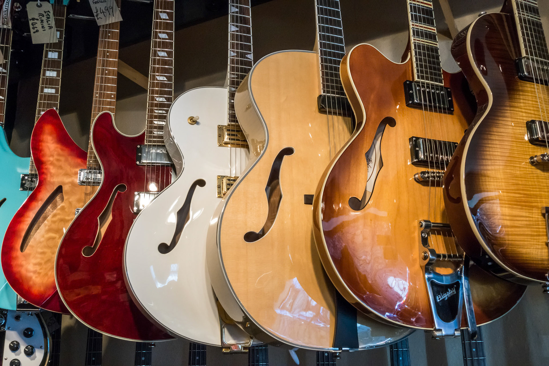Electric Guitars on Display in a Music Shop