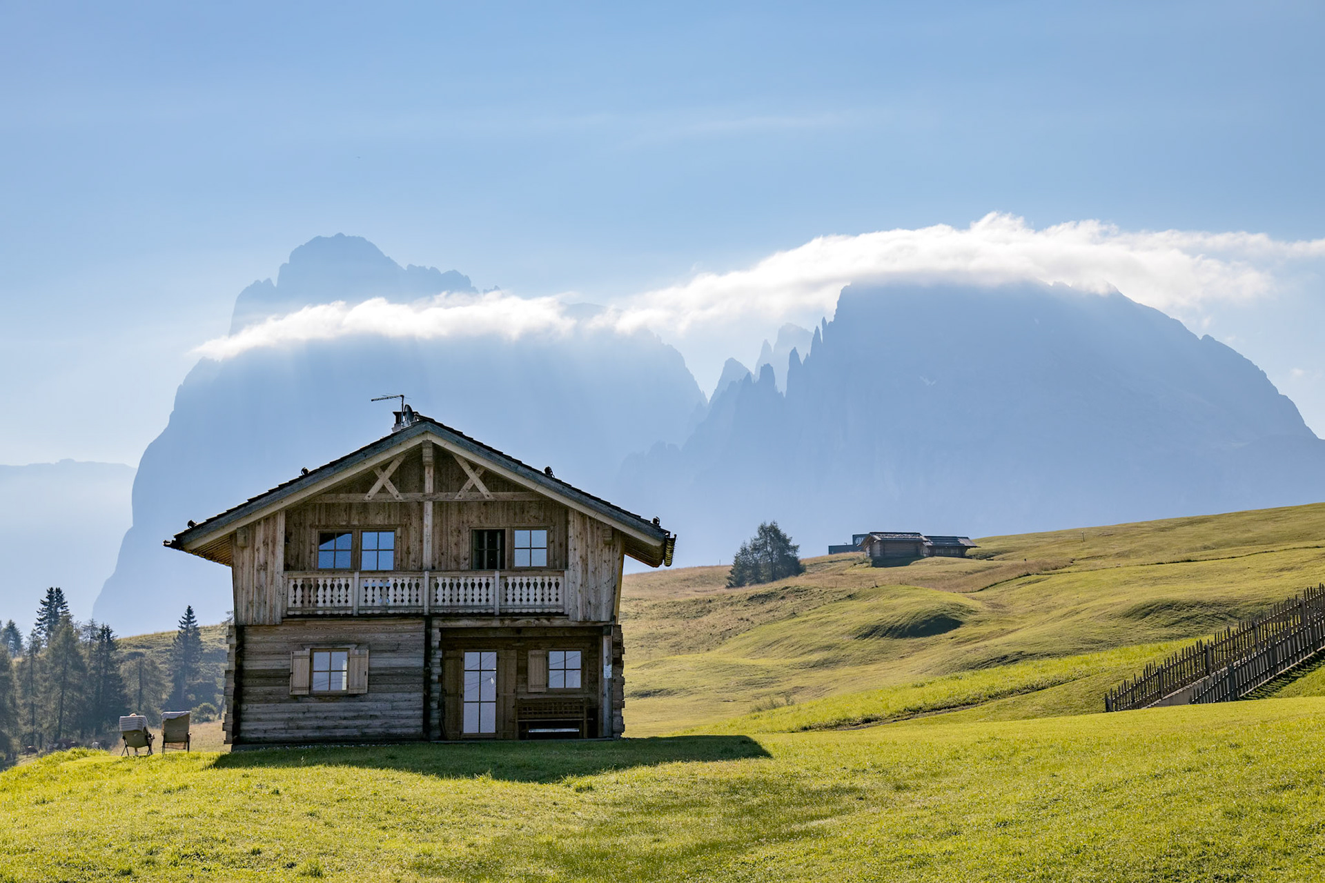 FIE ALLO SCILIAR, SOUTH TYROL/ITALY - AUGUST 8 : View of a typical tyrolean building near Fie allo Sciliar, South Tyrol, Italy on August 8, 2020