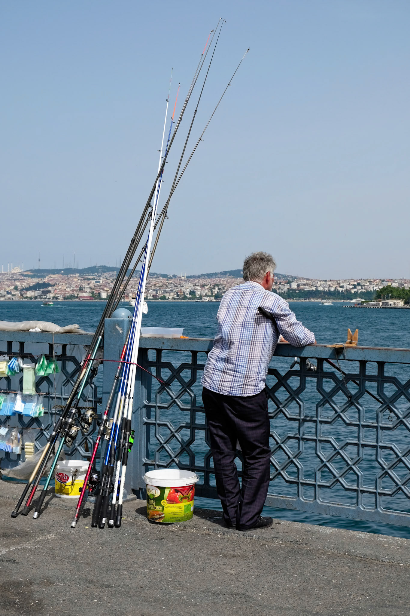 ISTANBUL, TURKEY - MAY 24 : View of a man fishing in Istanbul Turkey on May 24, 2018. One unidentified man