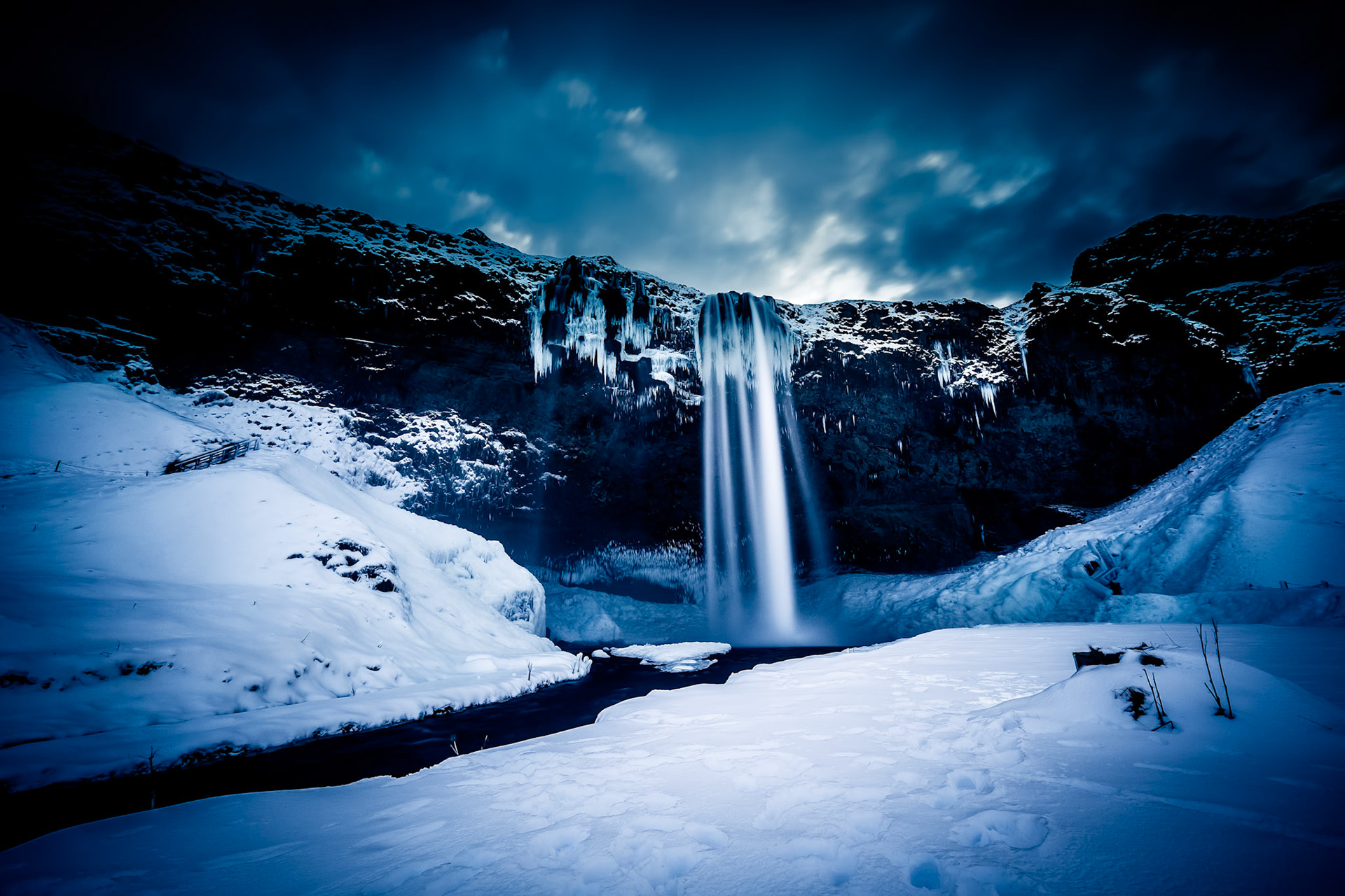 View of Seljalandfoss Waterfall in Winter