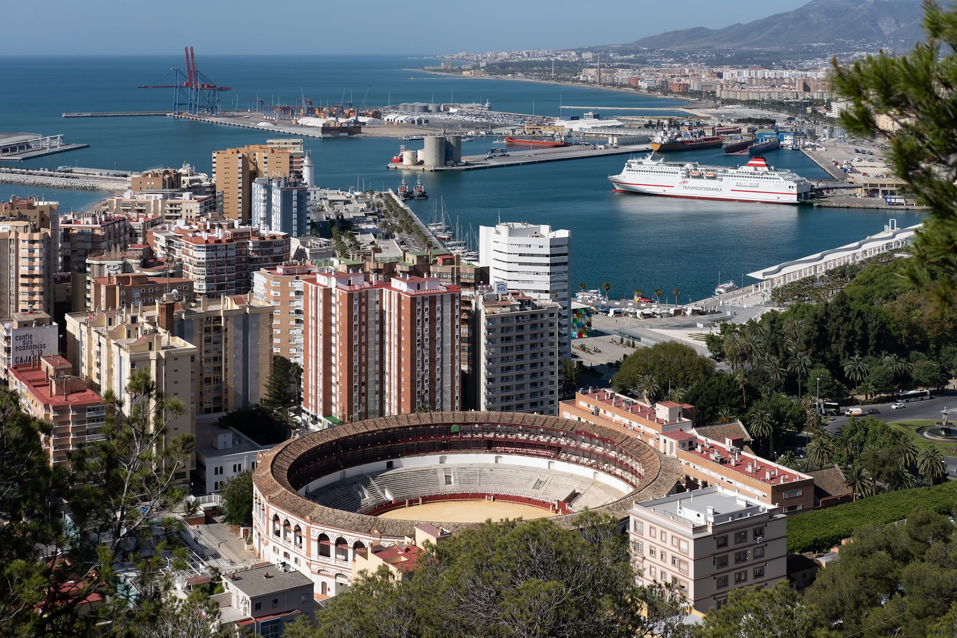 View of the Harbour Area and Bullring in Malaga