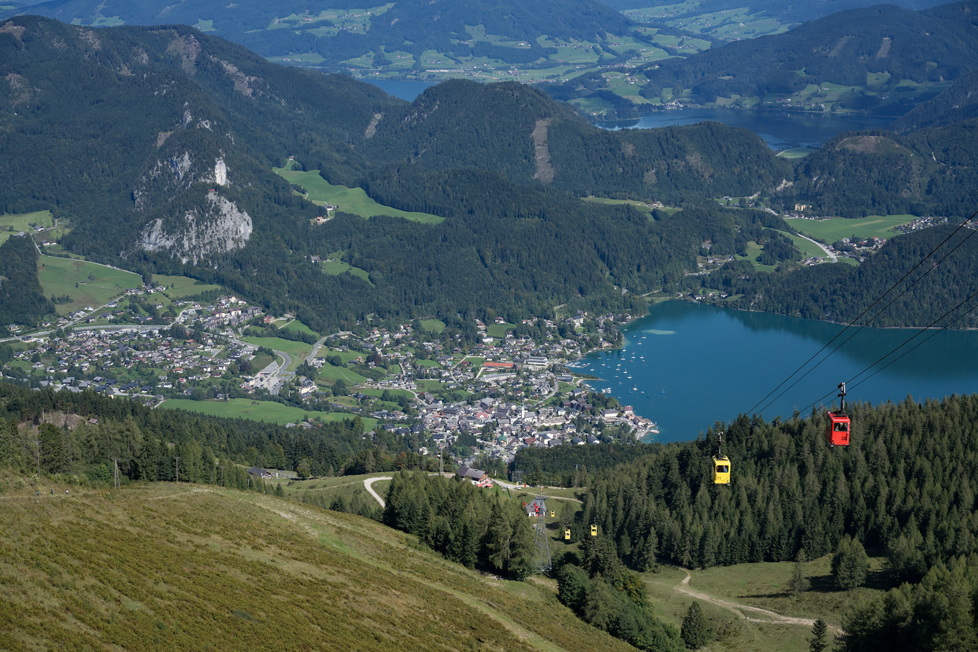 ZWOLFERHORN, ST GILGEN, AUSTRIA - SEPTEMBER 15. Zwolferhorn Mountain Cable Car Running down to St Gilgen, Austria on September 15, 2017