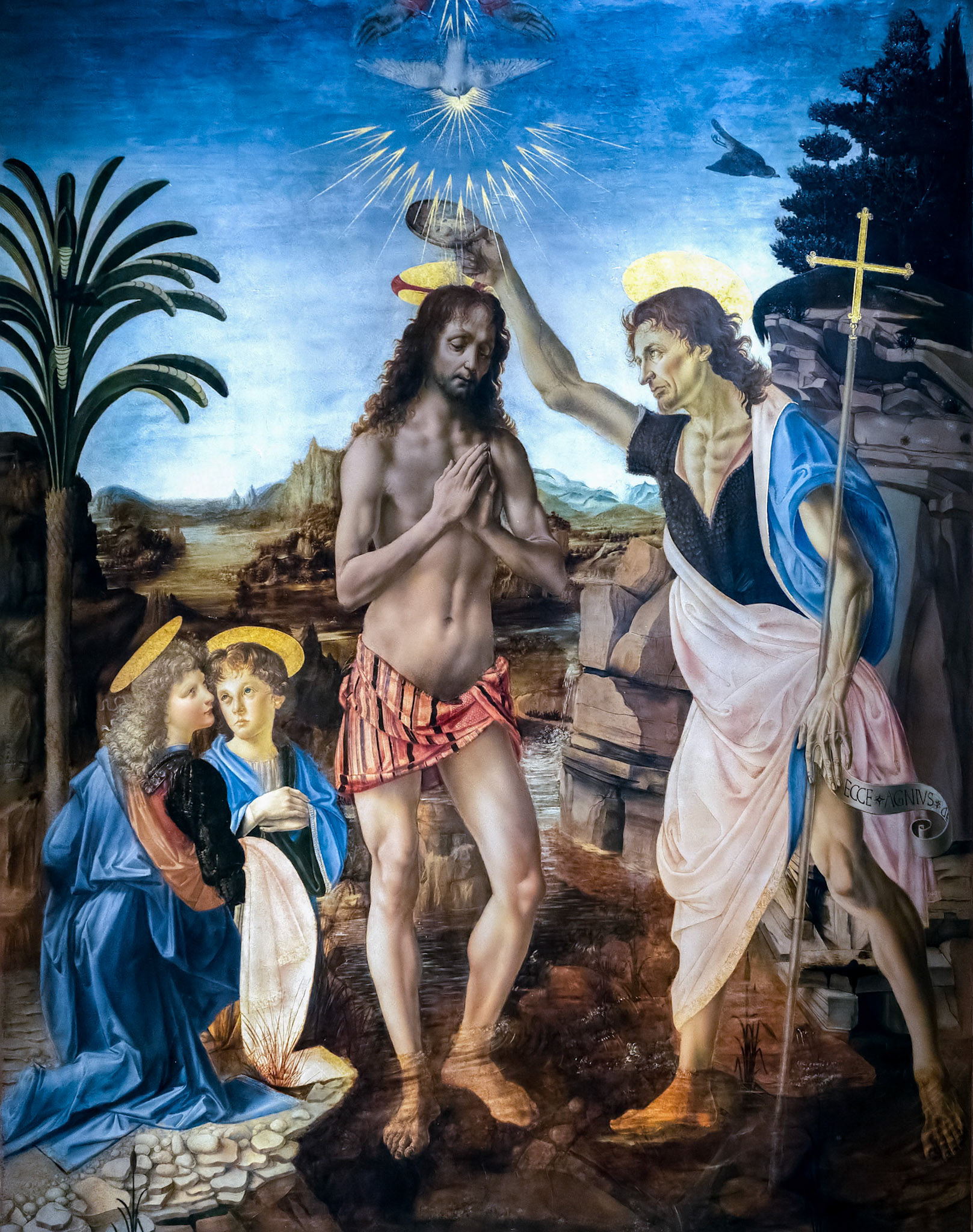 FLORENCE, TUSCANY/ITALY - OCTOBER 19 : The Baptism of Christ painting in the Uffizi gallery in Florence on October 19, 2019