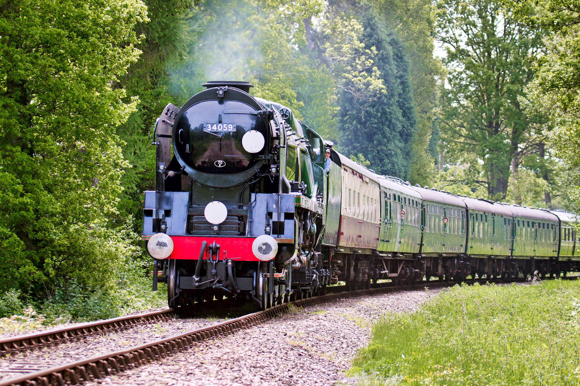 Rebuilt Bulleid Light Pacific No. 34059 Steam Locomotive near Kingscote Station