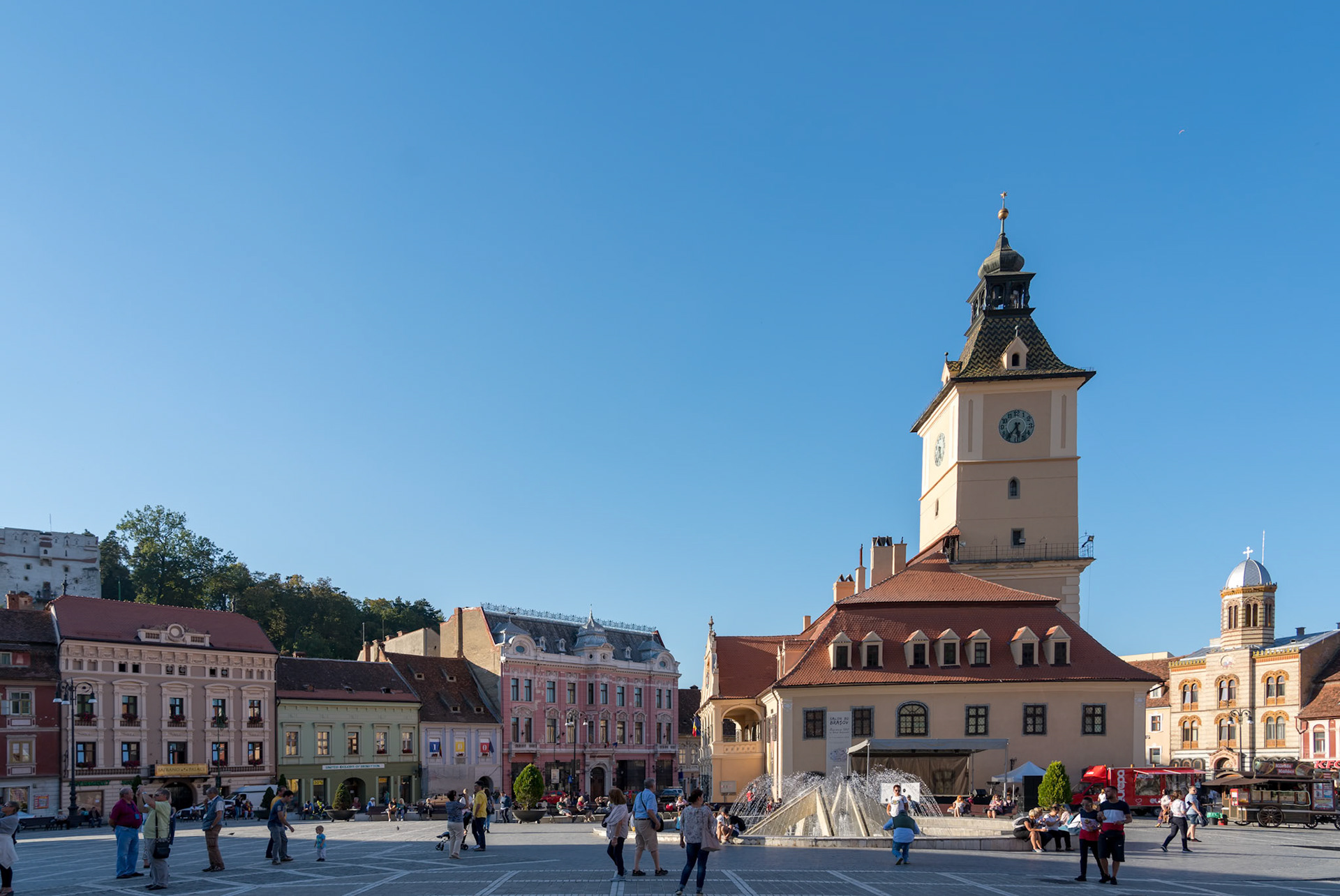BRASOV, TRANSYLVANIA/ROMANIA - SEPTEMBER 20 : View of the town square in Brasov Transylvania Romania on September 20, 2018. Unidentified people