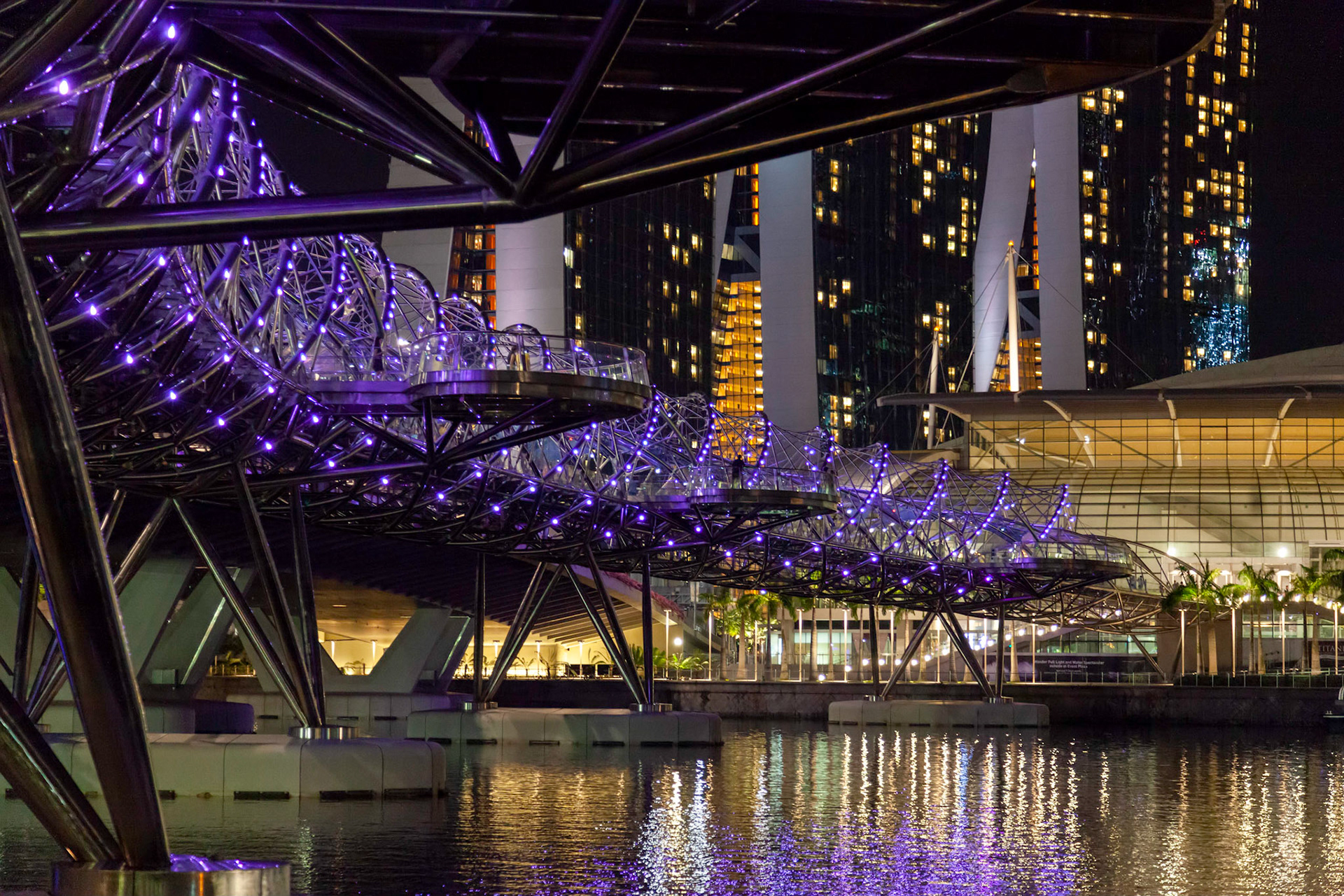 Singapore DNA Inspired Helix Bridge Illuminated at Night