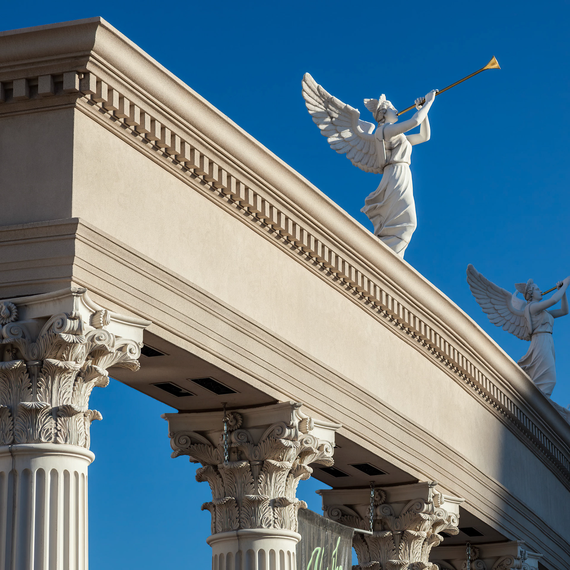 LAs VEGAS, NEVADA, USA - AUGUST 1 ; View at sunrise of Angels playing golden bugles in Las Vegas, Nevada, USA on August 1, 2011