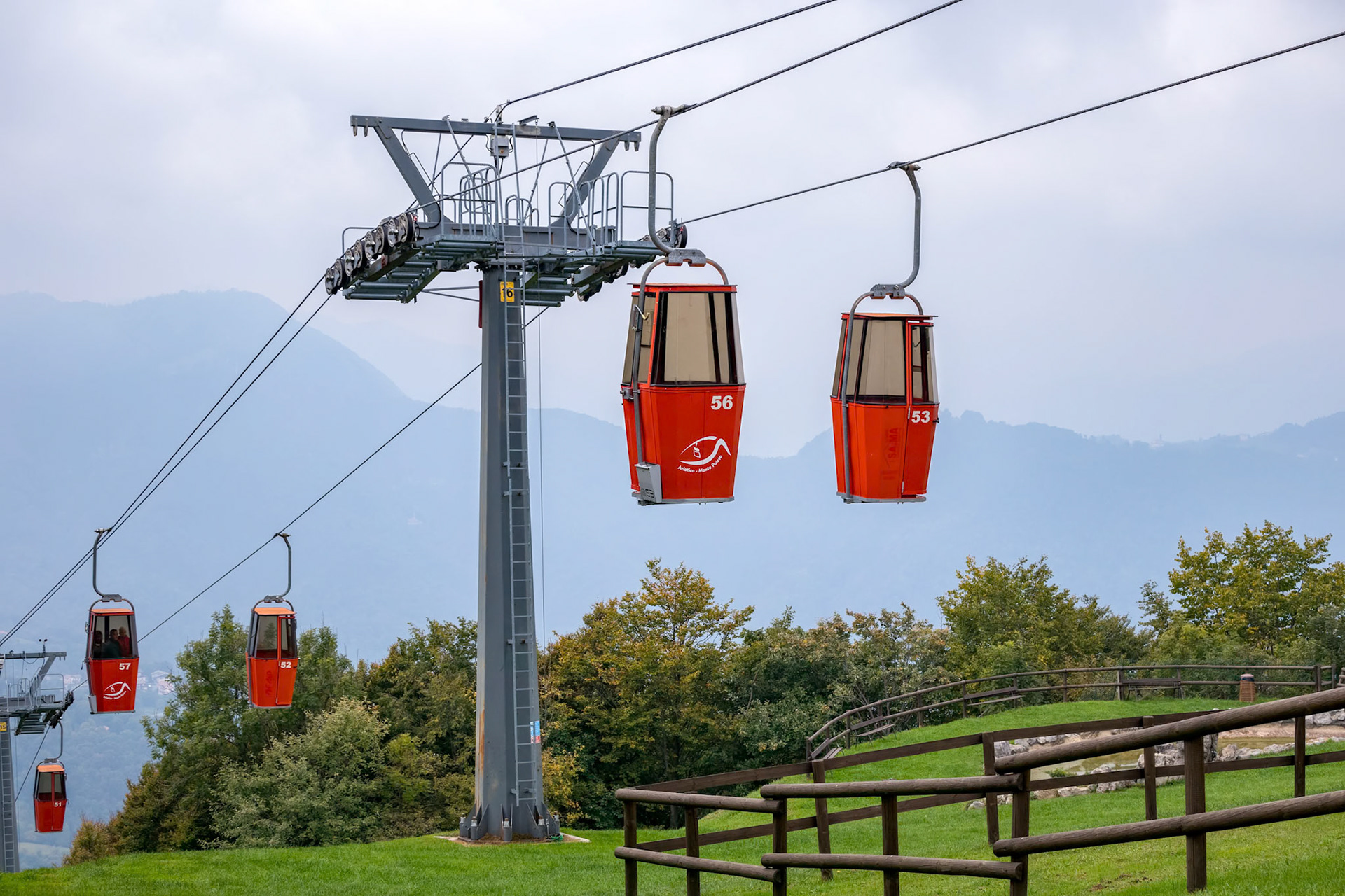 MONTE POIETO, LOMBARDY/ITALY - OCTOBER 6 : Cable car up to Monte Poieto Lombardy Italy on October 6, 2019. Four unidentified people