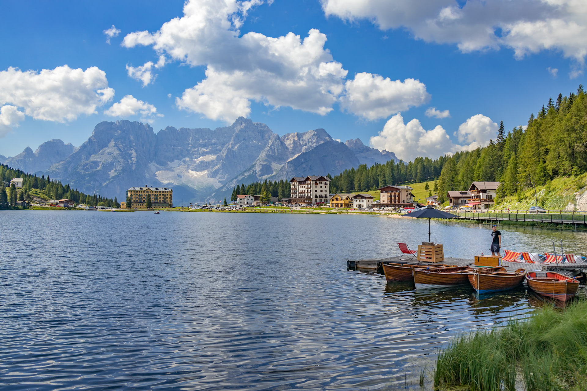 LAKE MISURINA, VENETO/ITALY - AUGUST 9 : View of Lake Misurina near Auronzo di Cadore, Veneto, Italy on August 9, 2020. Unidentified people