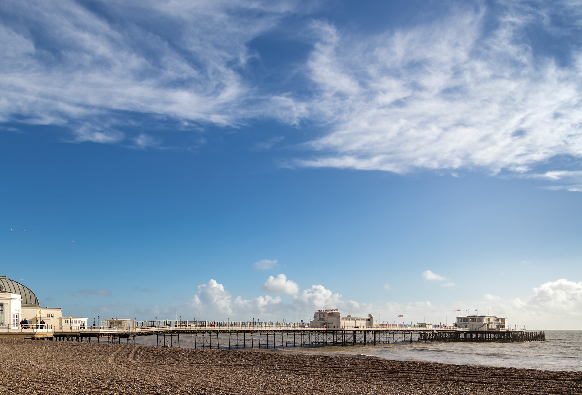 WORTHING, WEST SUSSEX/UK - NOVEMBER 13 : View of Worthing Pier in West Sussex on November 13, 2018. Unidentified people