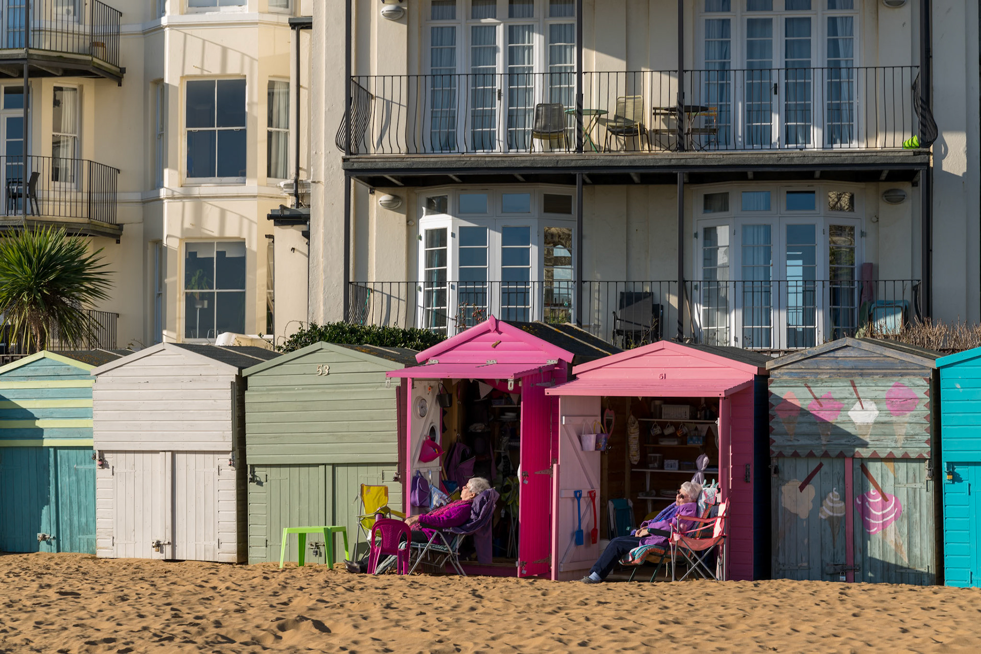 BROADSTAIRS, KENT/UK - JANUARY 29 : View of beach huts in Broadstairs on January 29, 2020. Two unidentified people