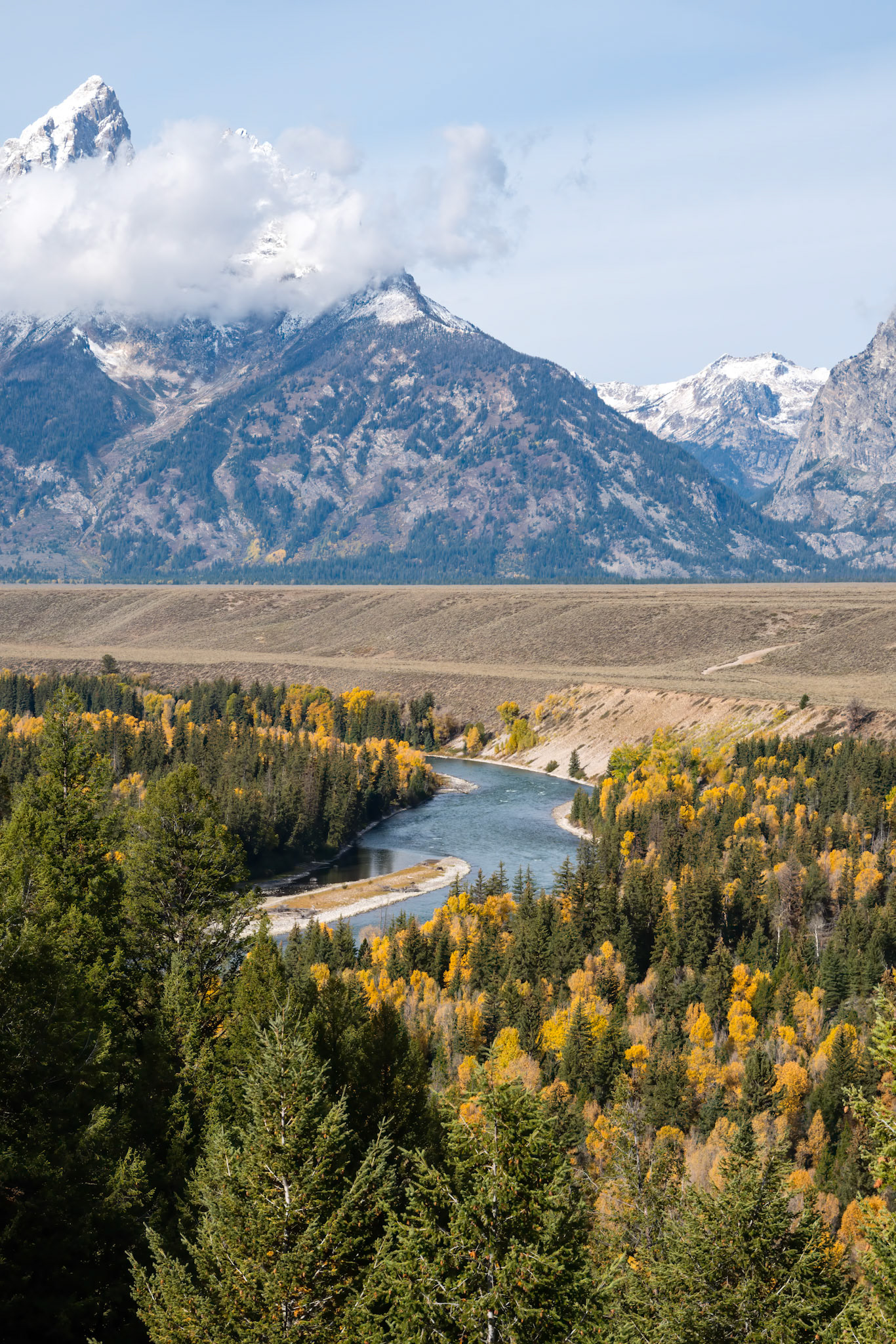 View of the Grand Teton mountain range from the Snake River Overlook