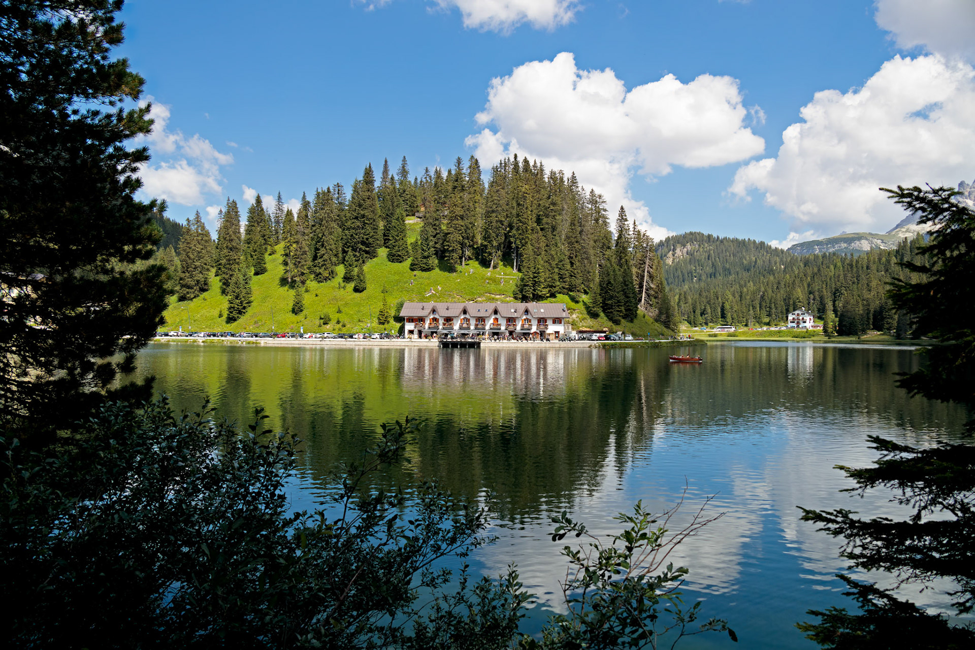 LAKE MISURINA, VENETO/ITALY - AUGUST 9 : View of Lake Misurina near Auronzo di Cadore, Veneto, Italy on August 9, 2020. Unidentified people