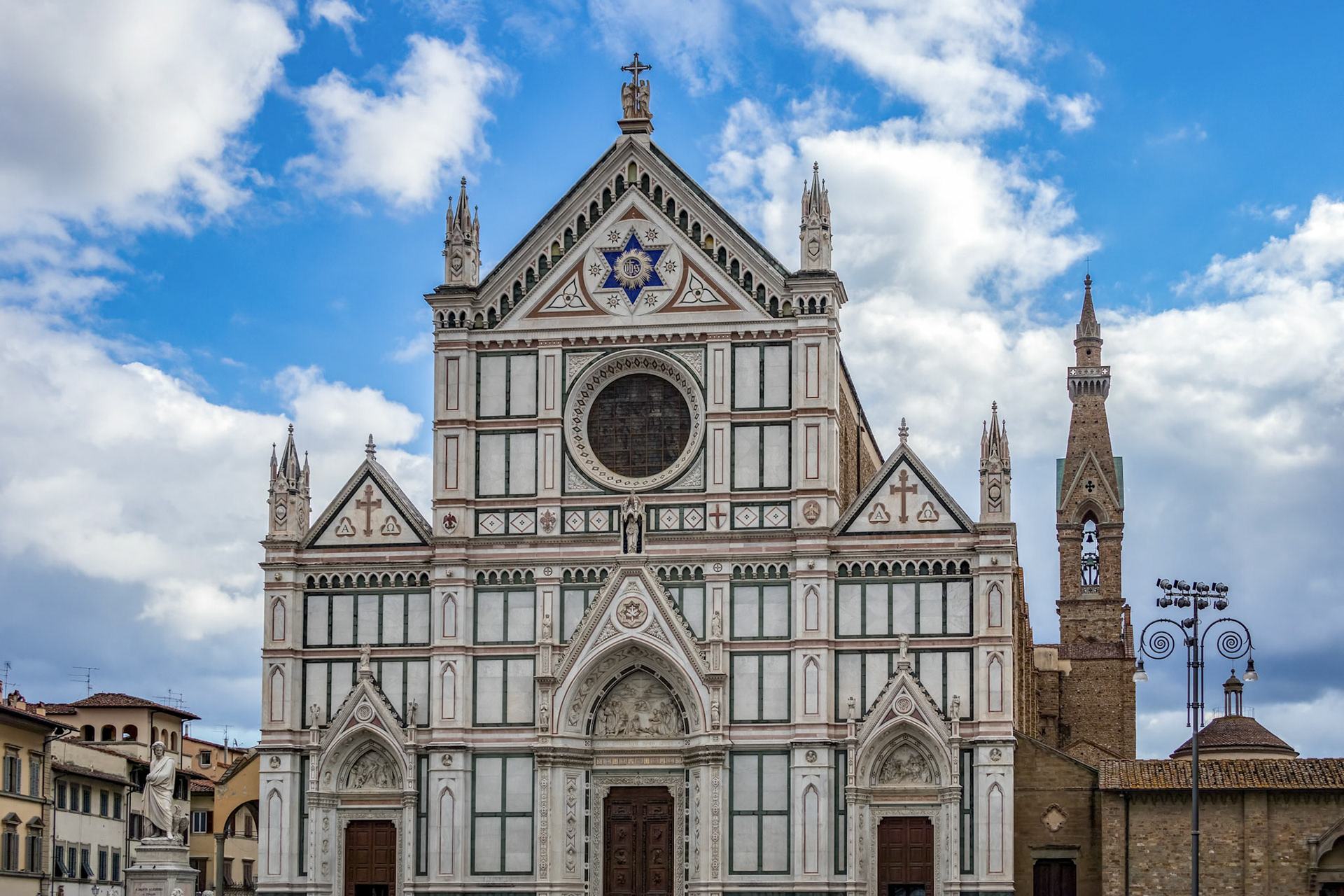 FLORENCE, TUSCANY/ITALY - OCTOBER 19 : View of Santa Croce Franciscan Church in Florence on October 19, 2019. Unidentified people