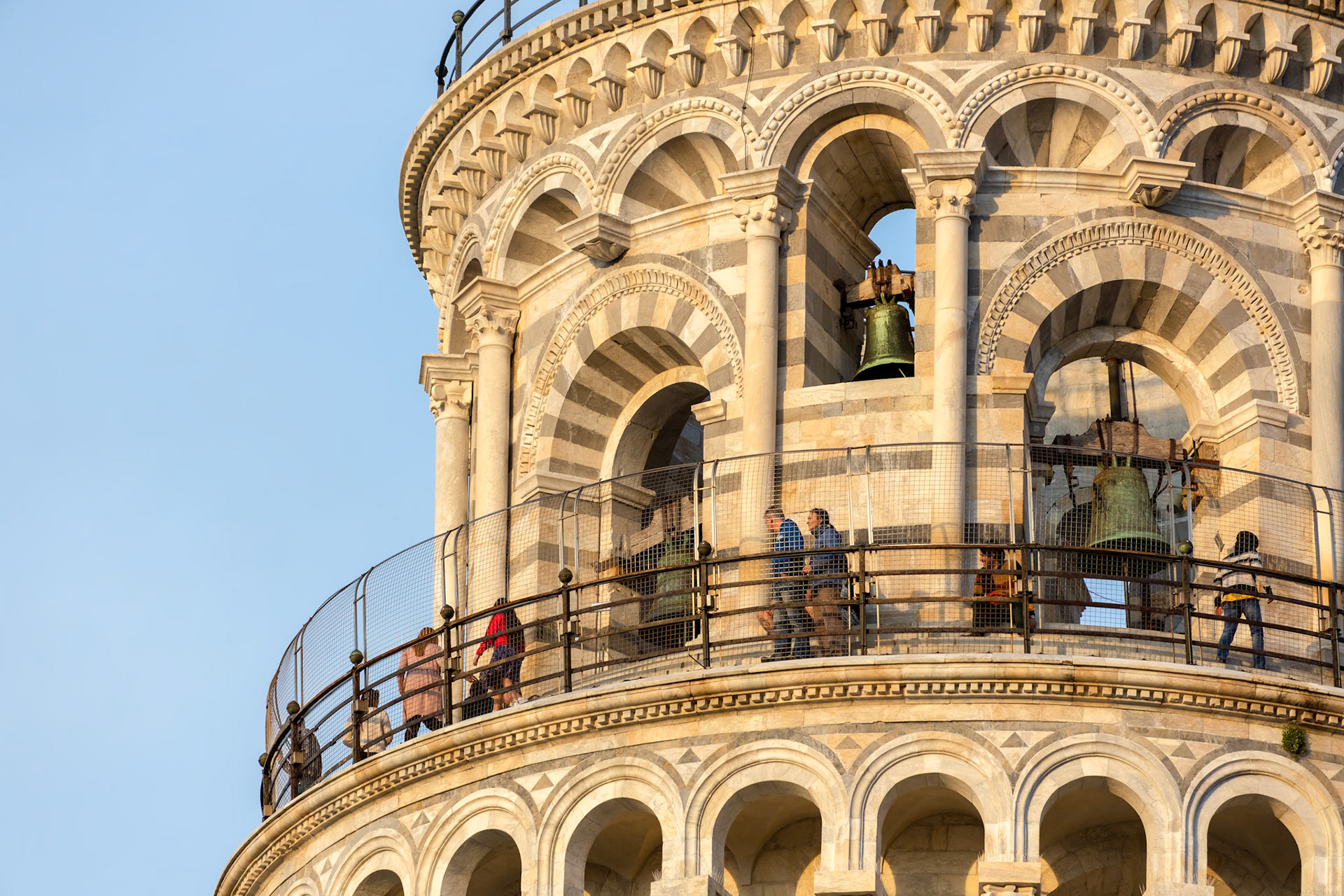 PISA, TUSCANY/ITALY  - APRIL 18 : Exterior view of the Leaning Tower in Pisa Tuscany Italy on April 18, 2019. unidentified people