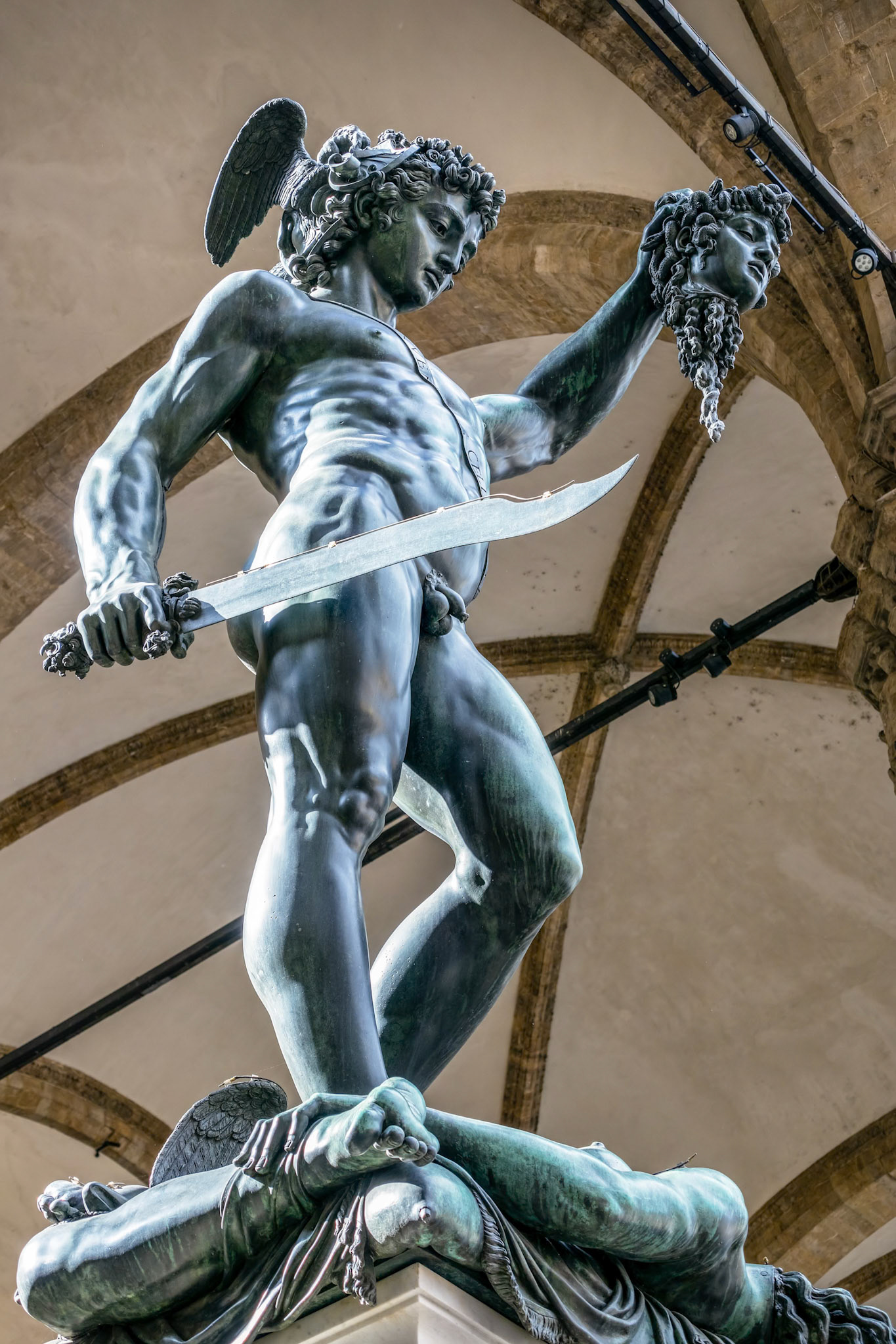 FLORENCE, TUSCANY/ITALY - OCTOBER 19 : Statue of Perseus holding the head of Medusa in Florence on October 19, 2019