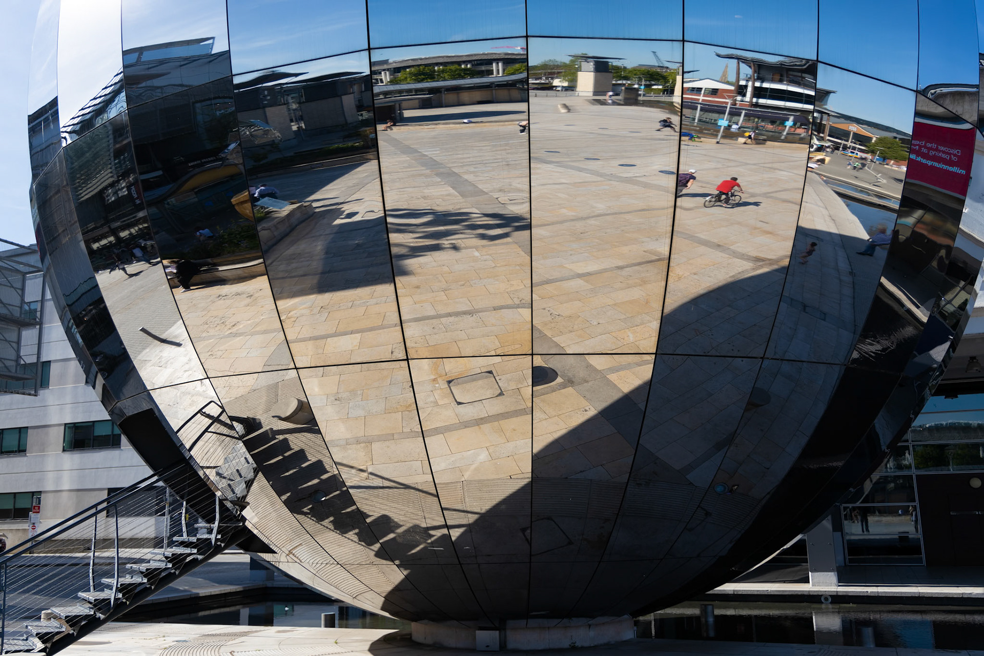 BRISTOL, UK - MAY 14 : Large mirror ball sculpture in Millennium Square Bristol on May 14, 2019