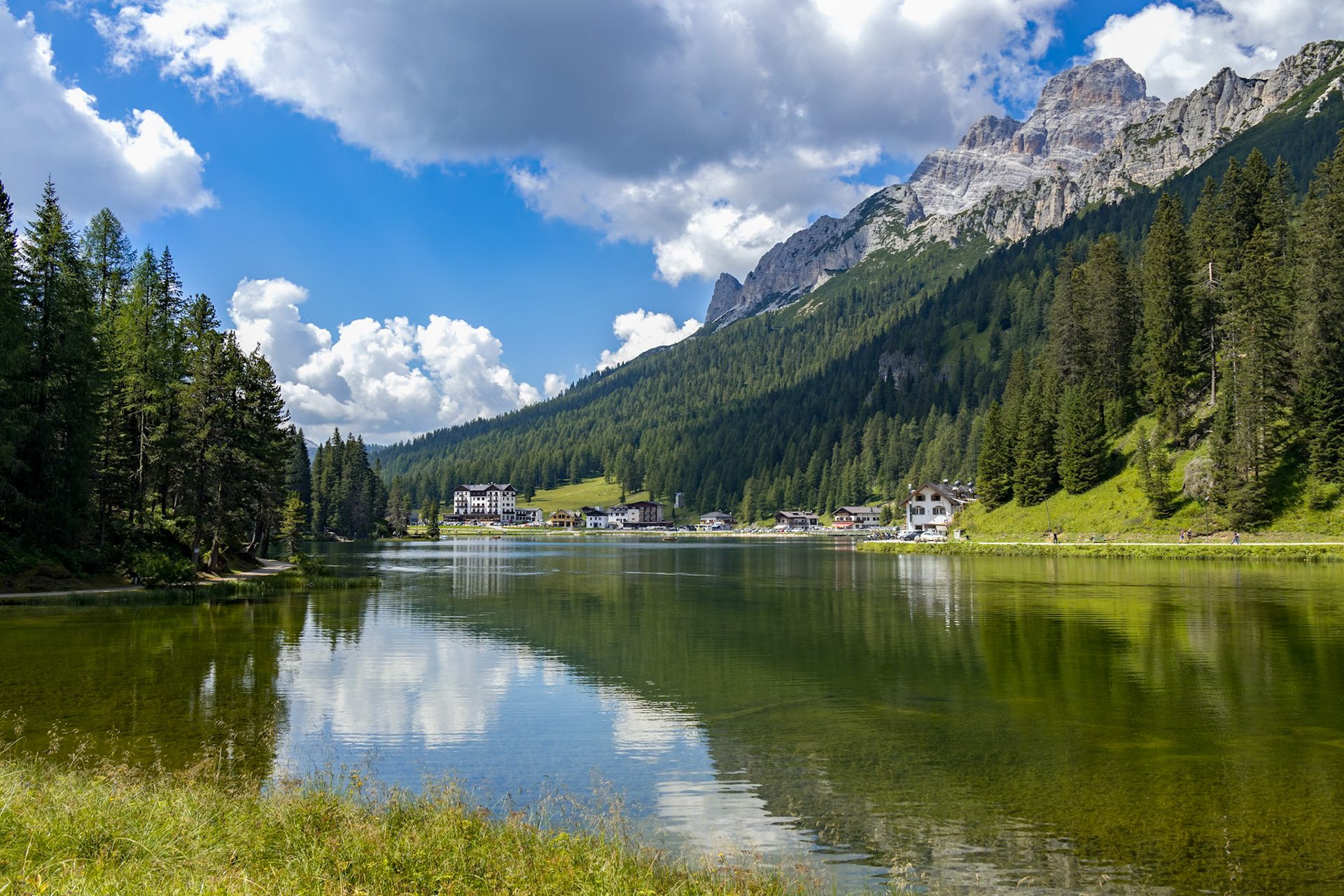 LAKE MISURINA, VENETO/ITALY - AUGUST 9 : View of Lake Misurina near Auronzo di Cadore, Veneto, Italy on August 9, 2020. Unidentified people