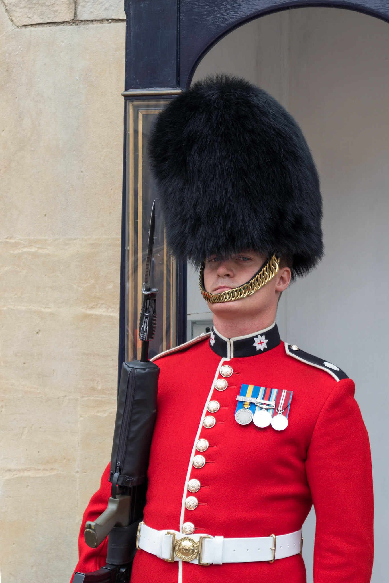 WINDSOR, MAIDENHEAD &amp; WINDSOR/UK - JULY 22 : Coldstream Guard on duty at Windsor Castle in Windsor, Maidenhead &amp; Windsor on July 22, 2018. One unidentified man