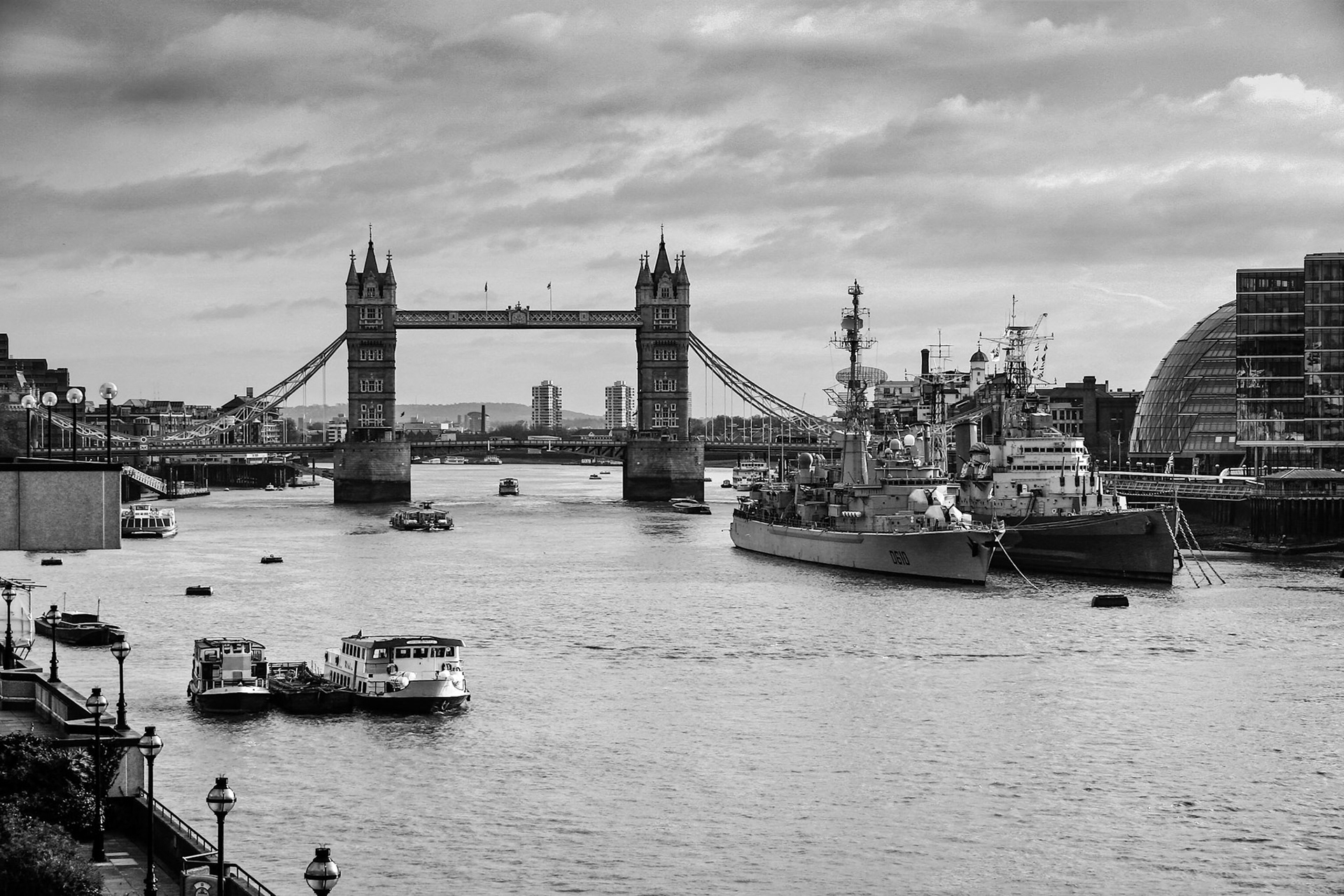 View of Tower Bridge and the Pool of London with Two Warships