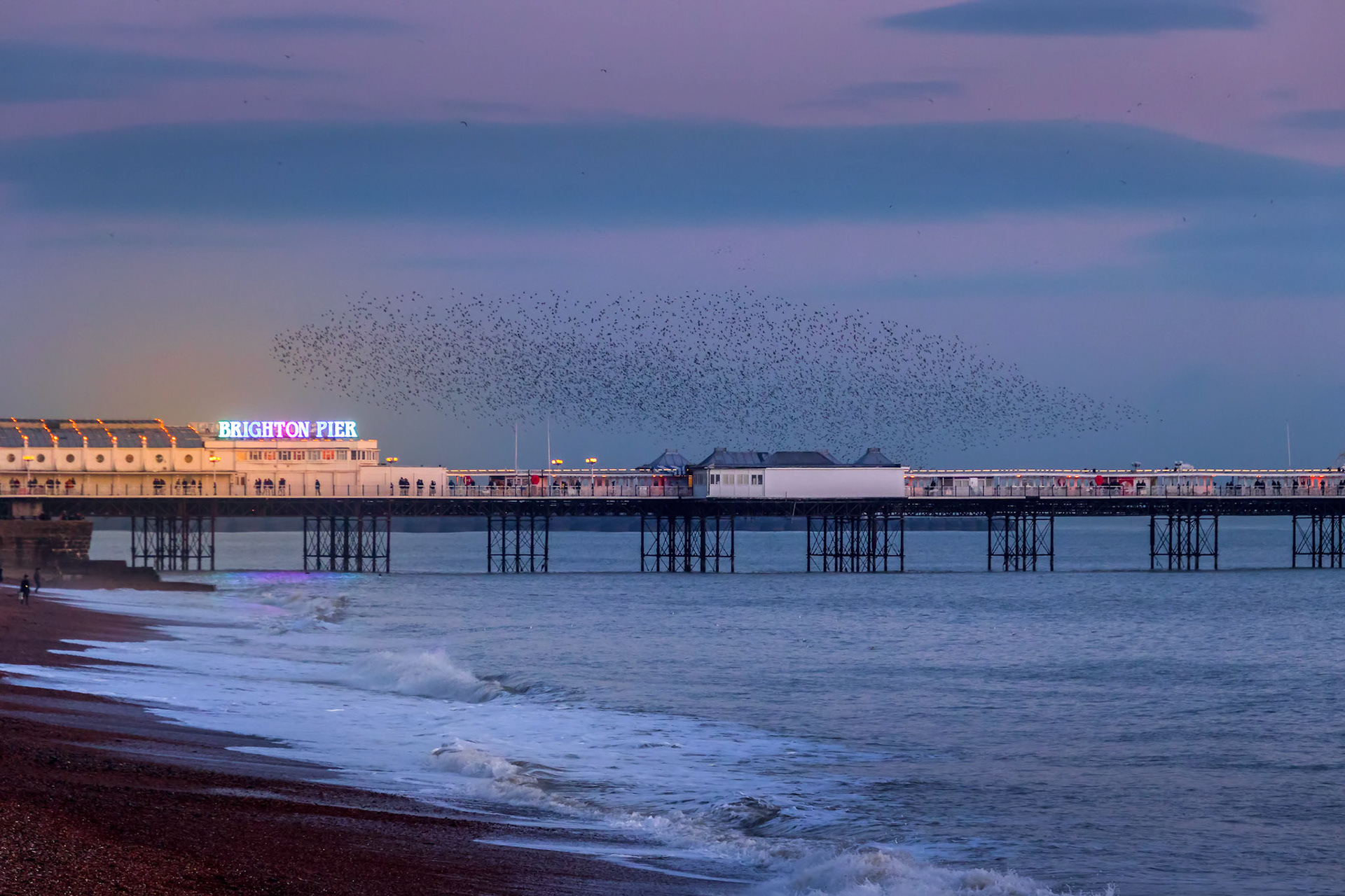 BRIGHTON, EAST SUSSEX/UK - JANUARY 26 : Starlings over the Pier in Brighton East Sussex on January 26, 2018. Unidentified people
