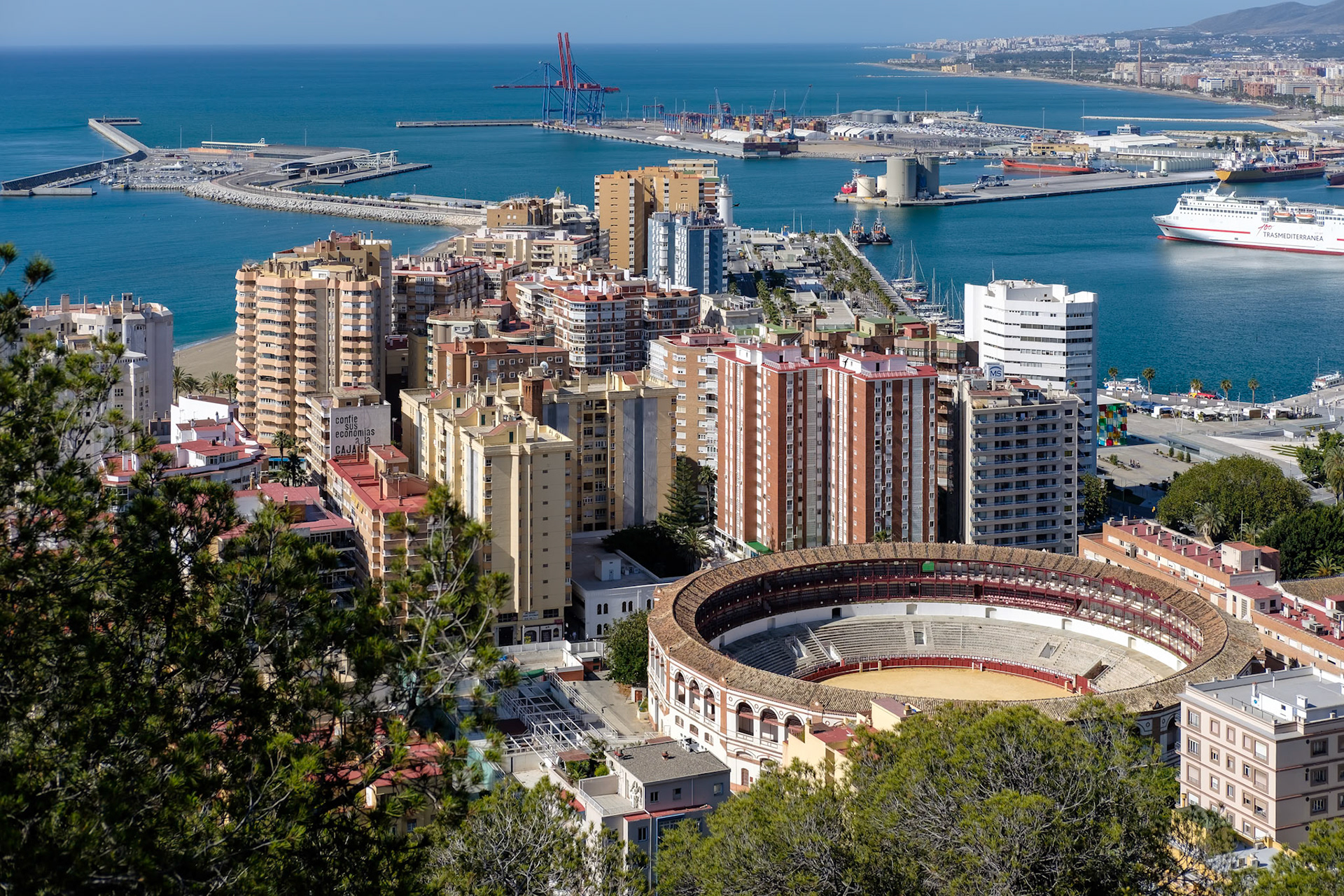 View of the Harbour Area and Bullring in Malaga