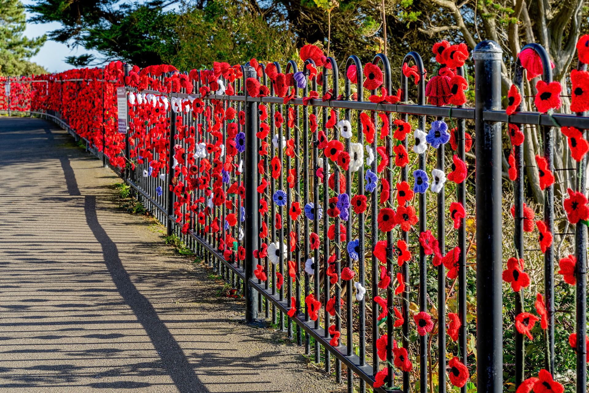 FOLKESTONE, KENT/UK - NOVEMBER 12 : Poppies on the railings in the War Memorial square in Folkestone on November 12, 2019
