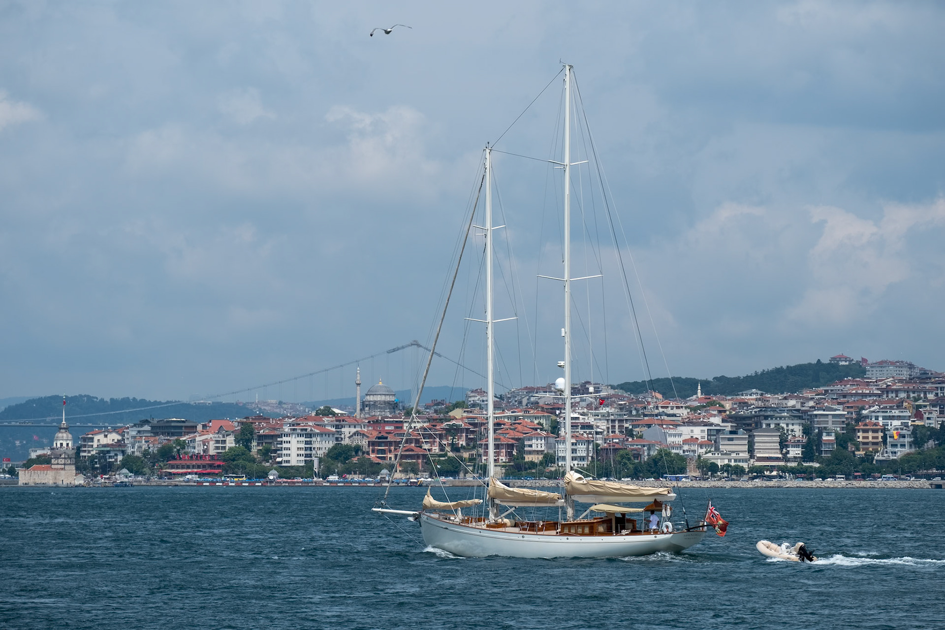 ISTANBUL, TURKEY - MAY 24 : View of a yacht sailing up the Bosphorus in Istanbul Turkey on May 24, 2018