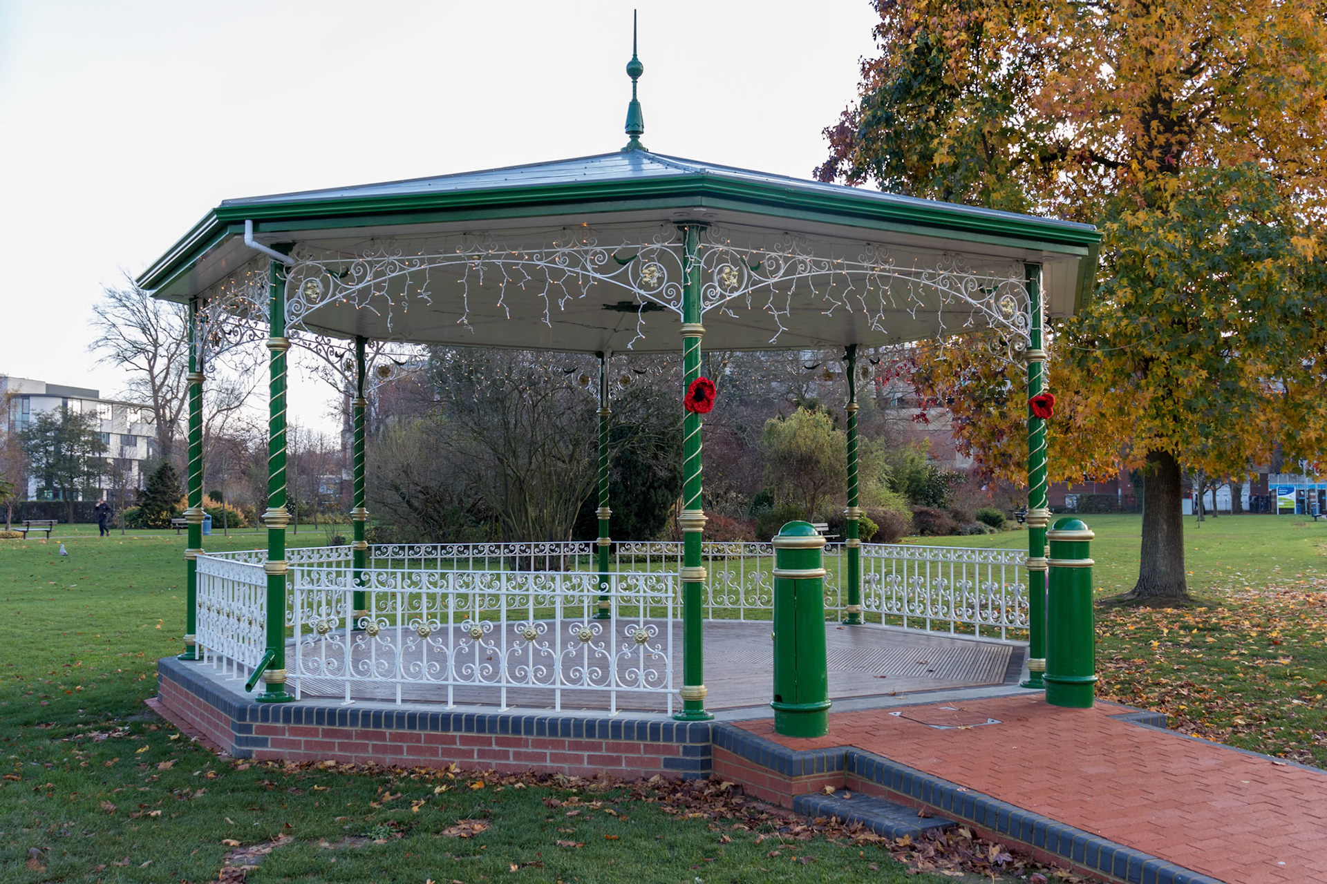 CRAWLEY, WEST SUSSEX/UK - NOVEMBER 21 : View of the Bandstand in Crawley West Sussex on November 21, 2018. One unidentified person