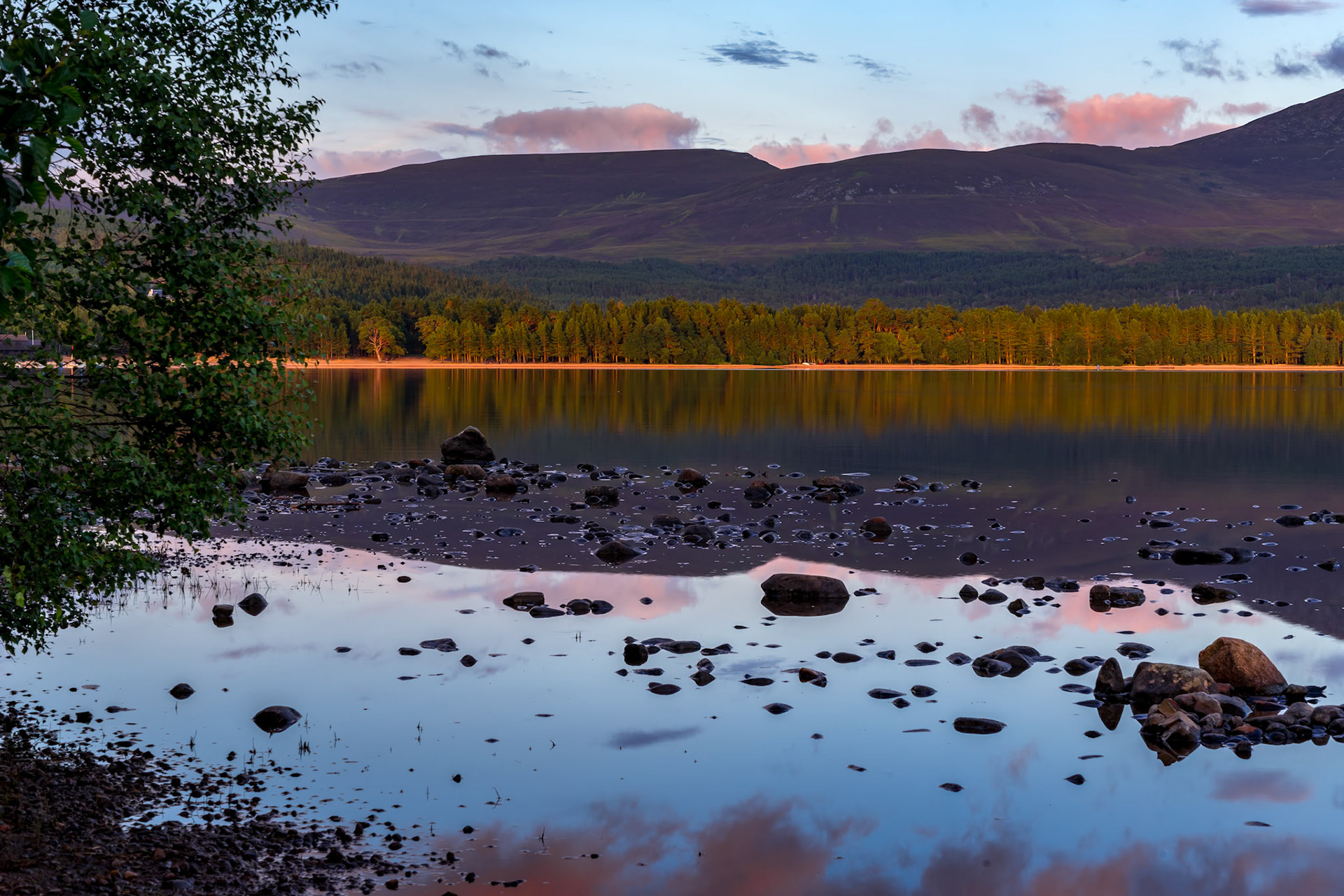 View of Loch Morlich at dusk