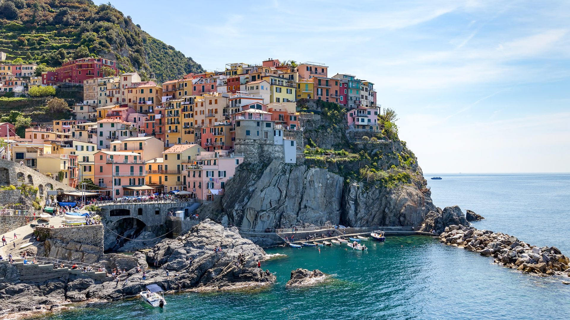 MANAROLA, LIGURIA/ITALY  - APRIL 20 : Coastal view of Manarola Liguria Italy on April 20, 2019. Unidentified people