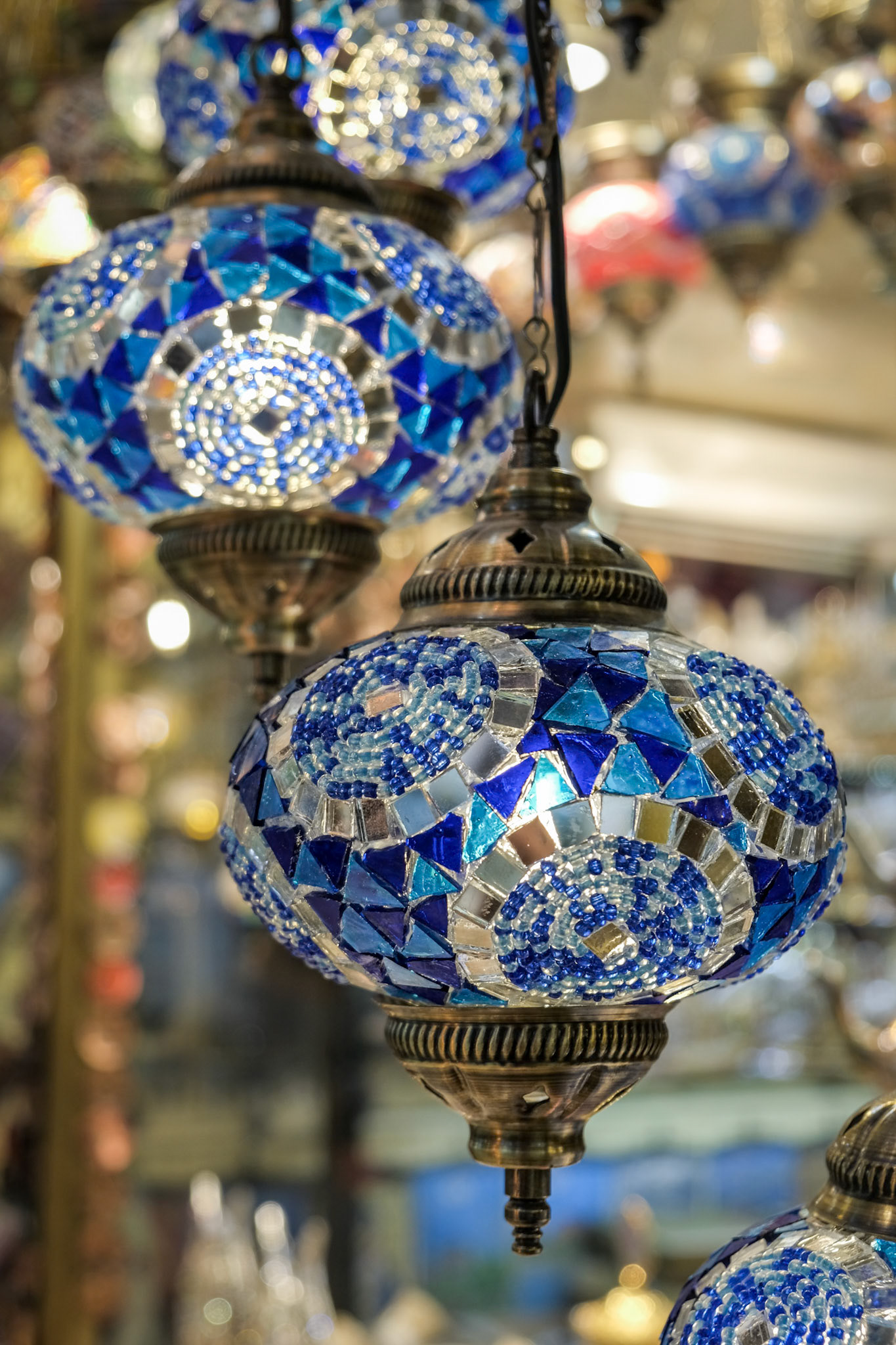 ISTANBUL, TURKEY - MAY 25 : Lights for sale in the Grand Bazaar in Istanbul Turkey on May 25, 2018