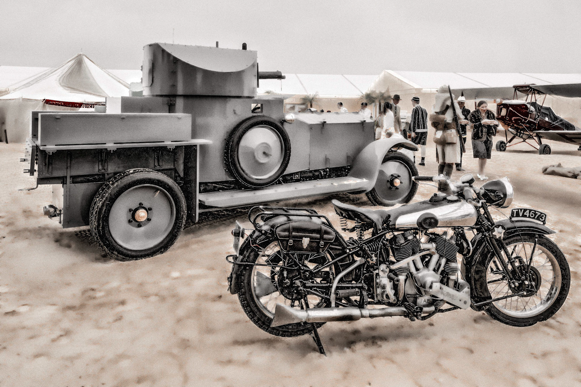 Old Brough Superior Motorcycle and an Armoured Car at Goodwood