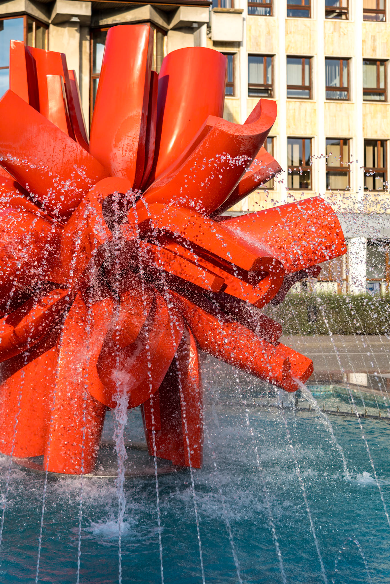 BISTRITA, TRANSYLVANIA/ROMANIA - SEPTEMBER 17 : Evening sunshine on the Artesian Fountain in Bistrita Transylvania Romania on September 17, 2018
