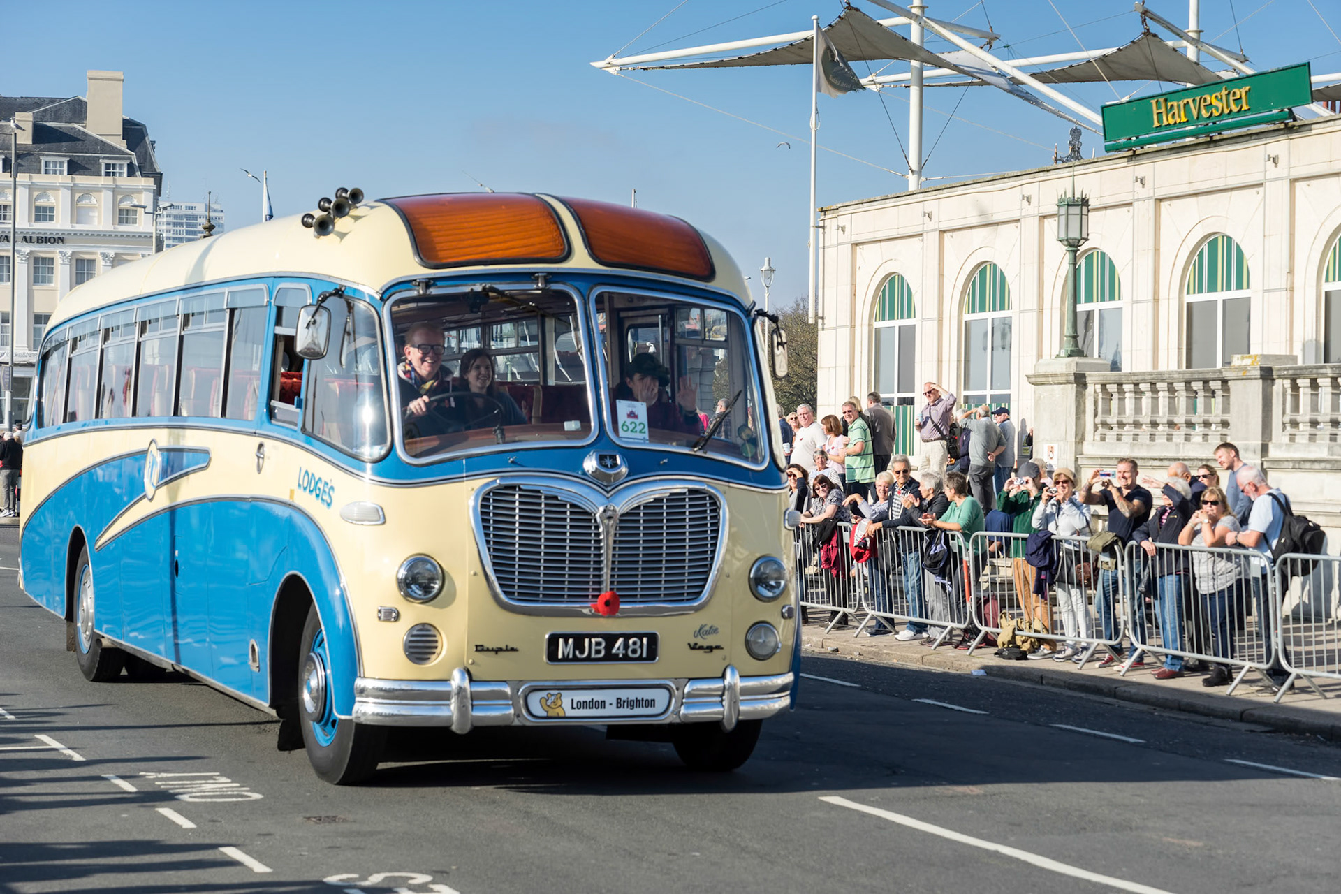 Old Bus approaching the Finish Line of the London to Brighton Veteran Car Run