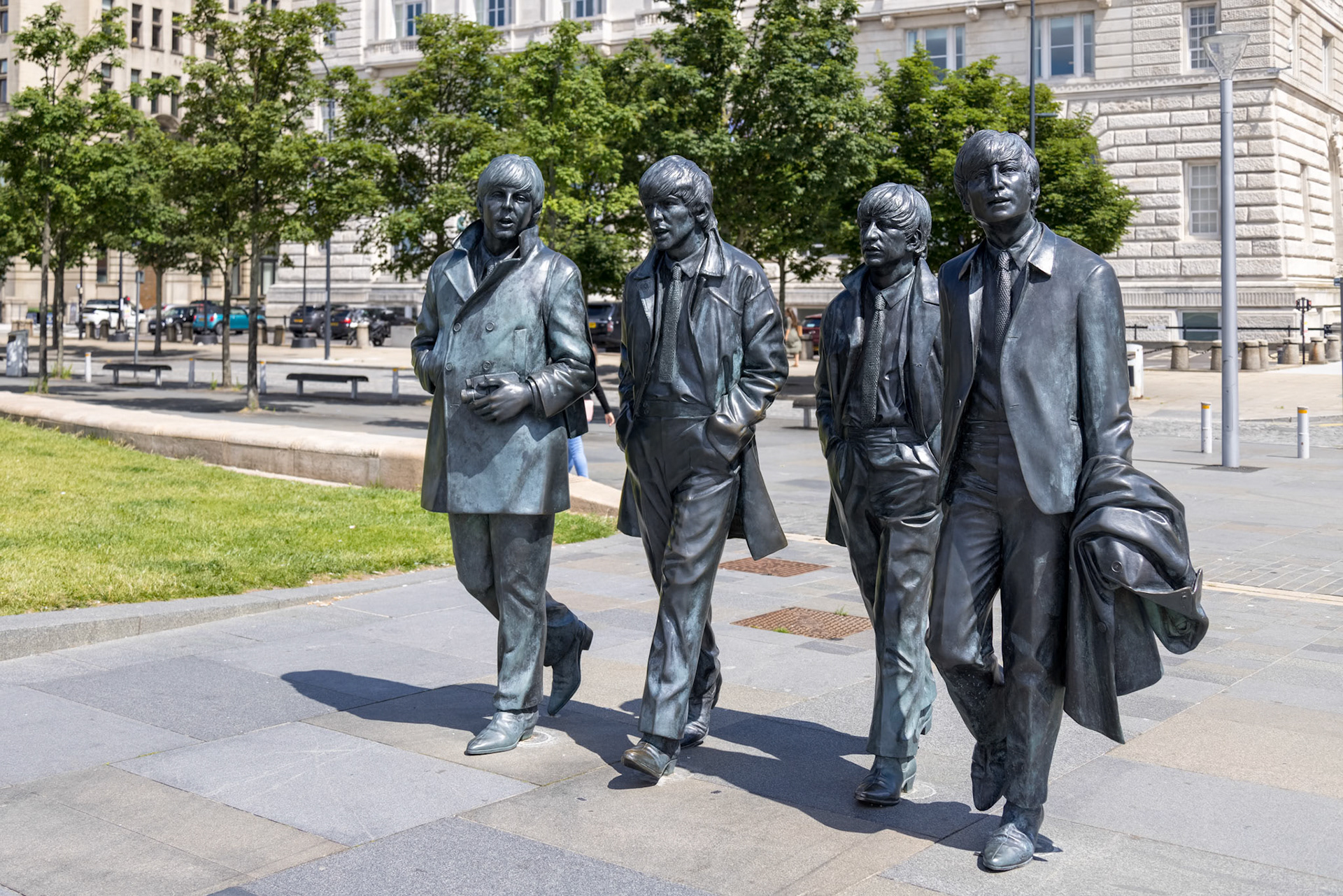 LIVERPOOL, UK - JULY 14 : Statue of the Beatles in Liverpool, England on July 14, 2021