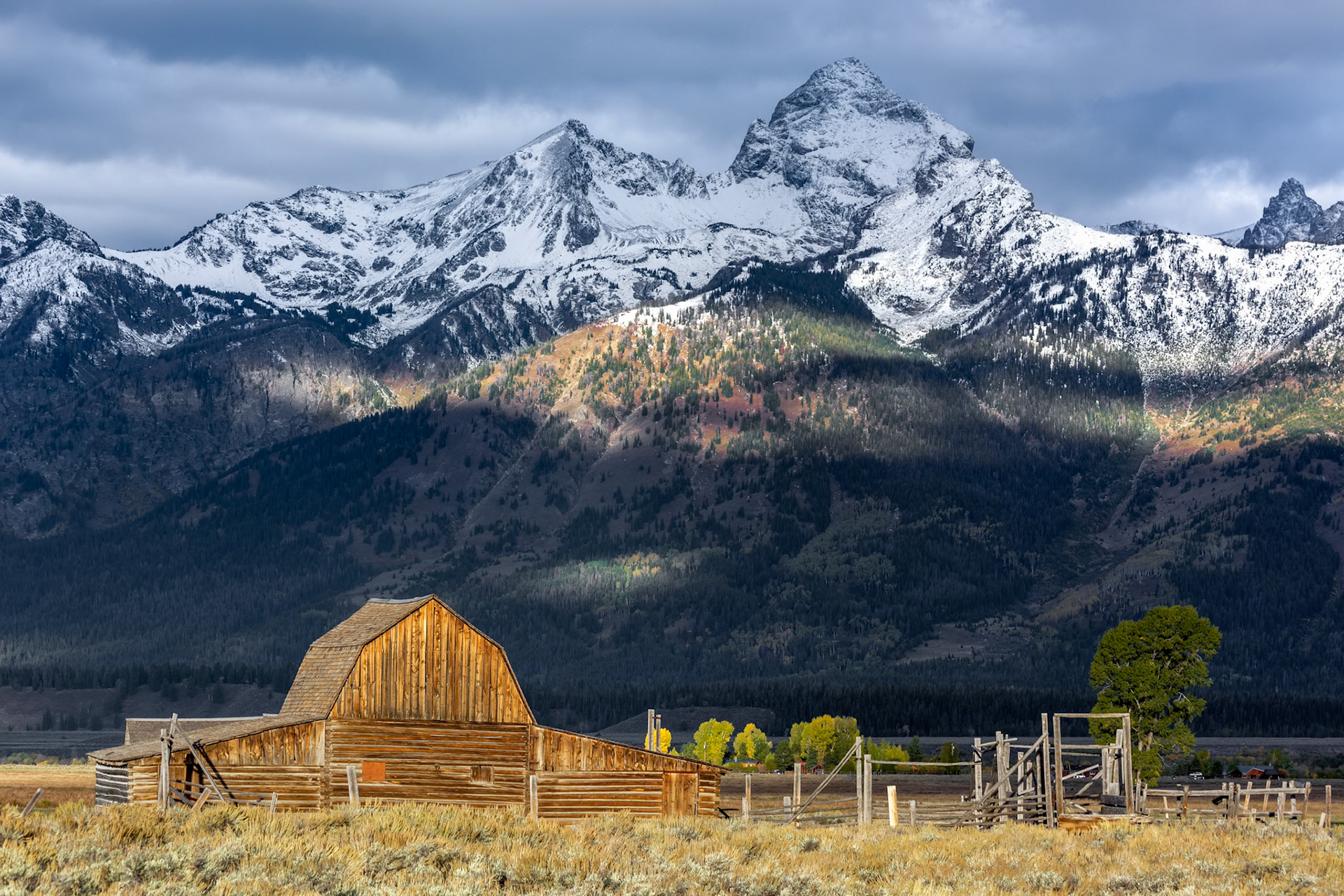 View of a wooden barn at Mormon Row near Jackson Wyoming