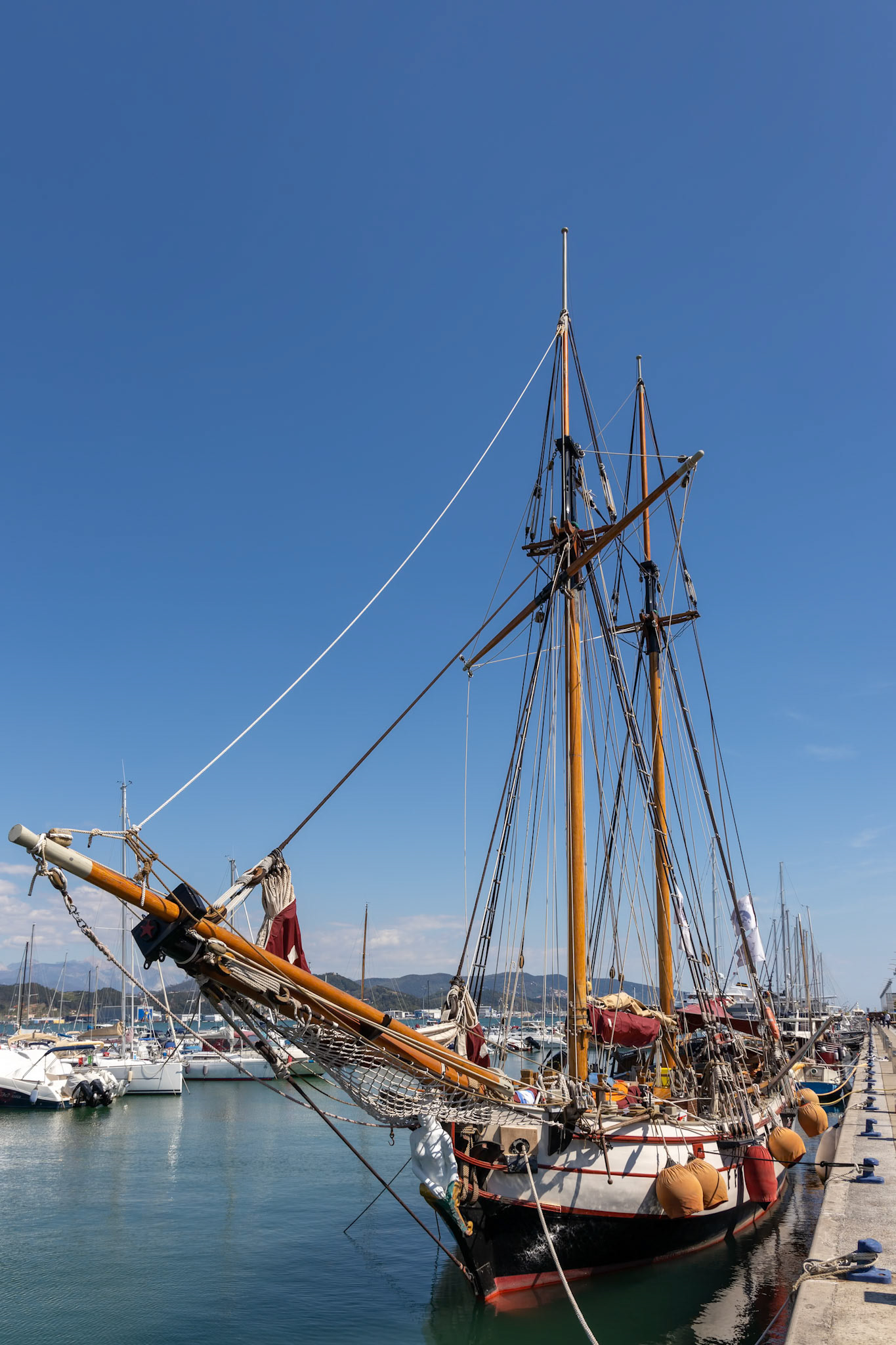 LA SPEZIA, LIGURIA/ITALY  - APRIL 19 : Old sailing clipper moored in La Spezia Liguria Italy on April 19, 2019. Four unidentified people