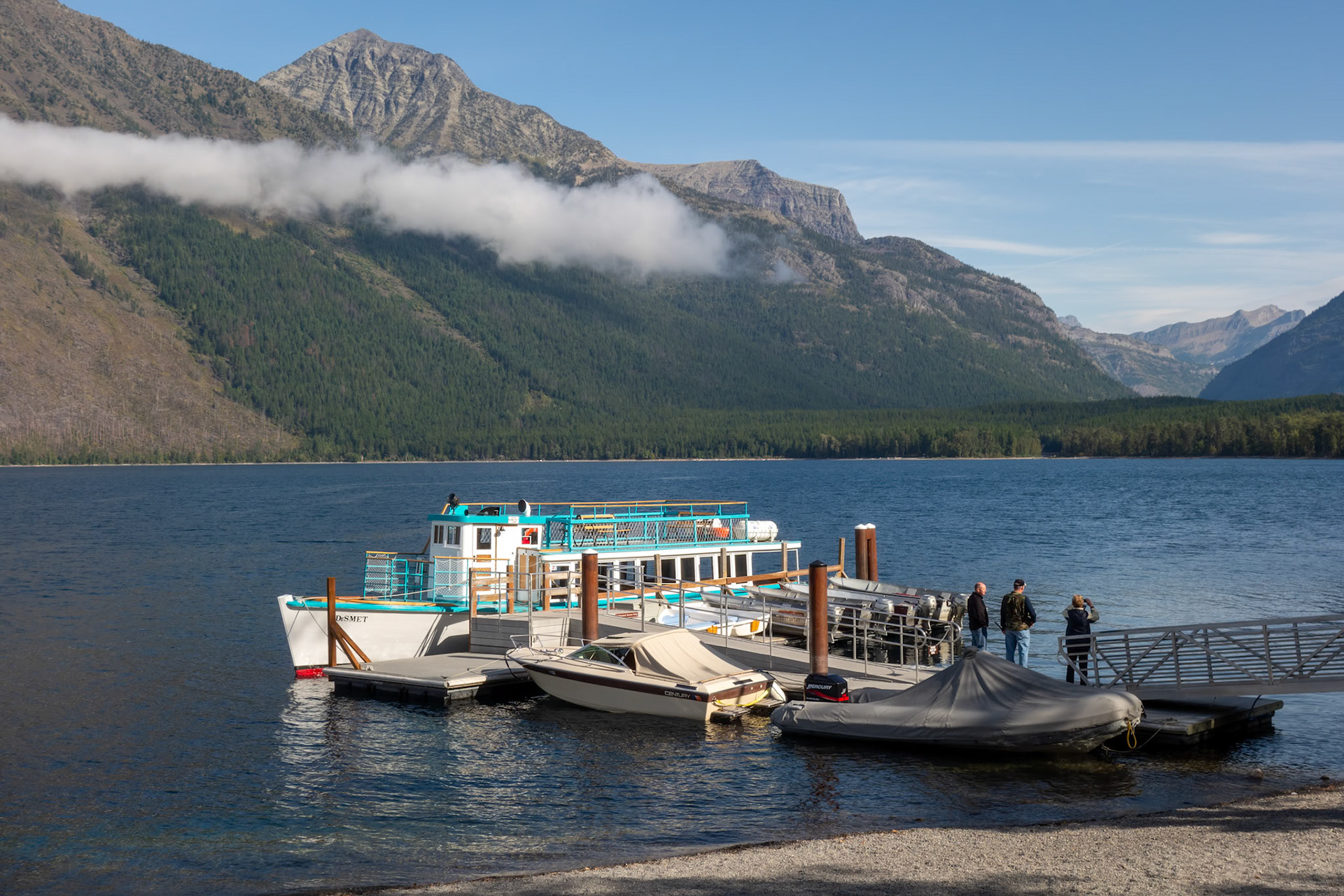 Boats Moored to a Jetty in Lake McDonald