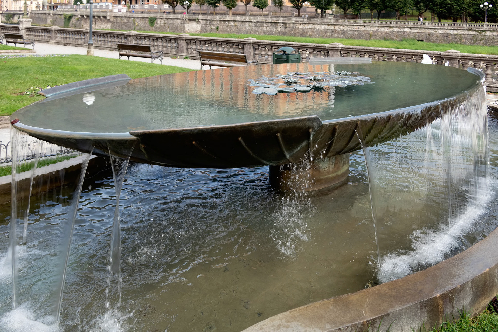 SAN PELLEGRINO, LOMBARDY/ITALY - OCTOBER 5 : View of a modern fountain in San Pellegrino Lombardy Italy on October 5, 2019