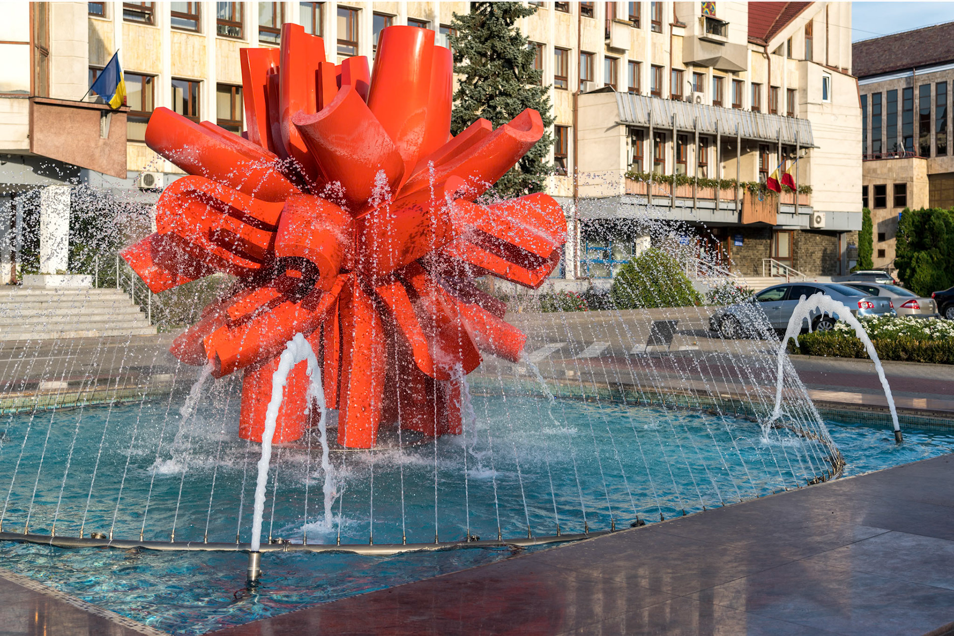 BISTRITA, TRANSYLVANIA/ROMANIA - SEPTEMBER 17 : Evening sunshine on the Artesian Fountain in Bistrita Transylvania Romania on September 17, 2018