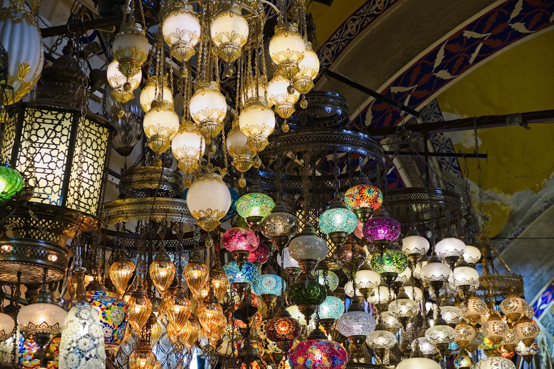 ISTANBUL, TURKEY - MAY 25 : Lights for sale in the Grand Bazaar in Istanbul Turkey on May 25, 2018