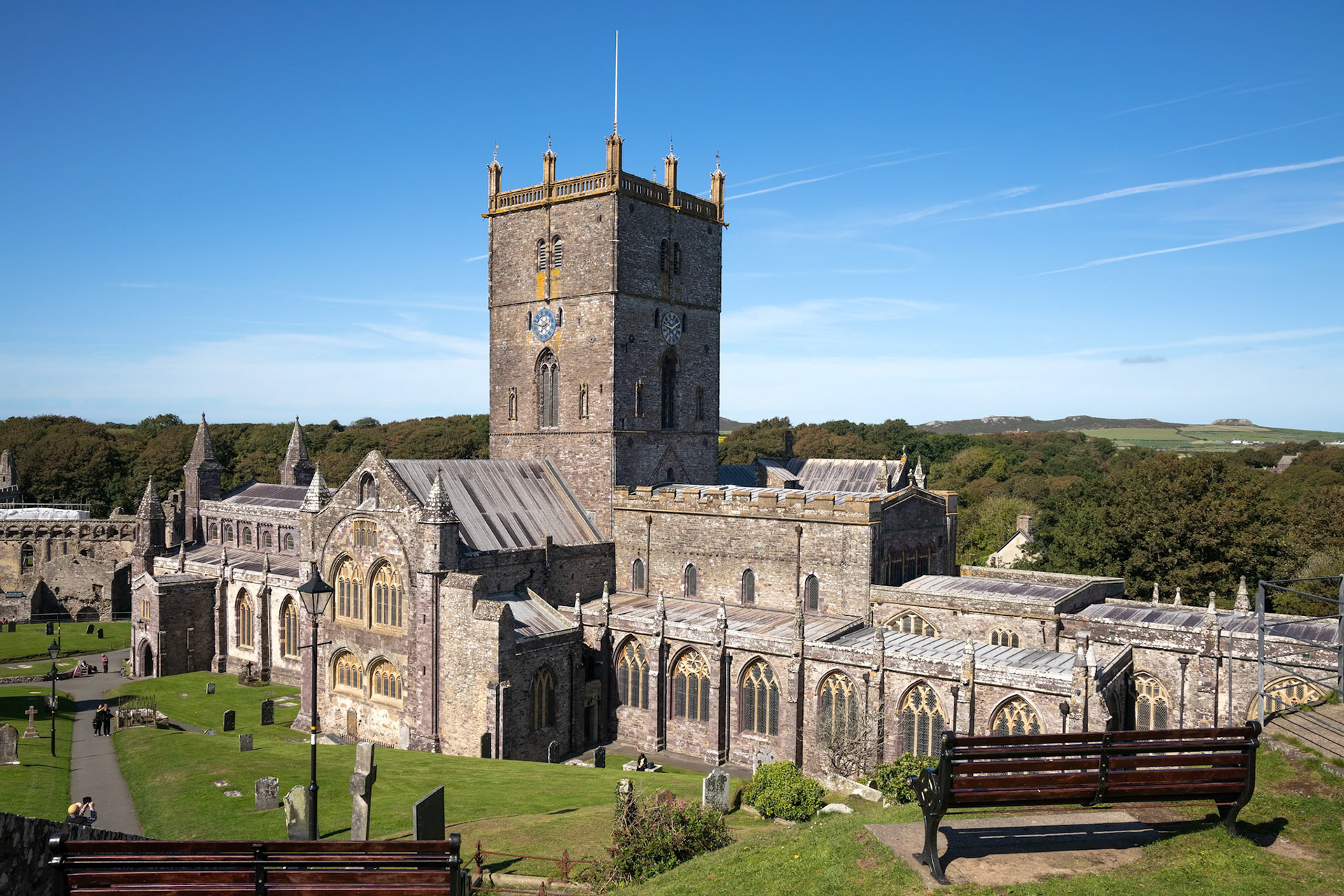 ST DAVID'S, PEMBROKESHIRE/UK - SEPTEMBER 13 : View of the Cathedral at St David's in Pembrokeshire on September 13, 2019. Unidentied people