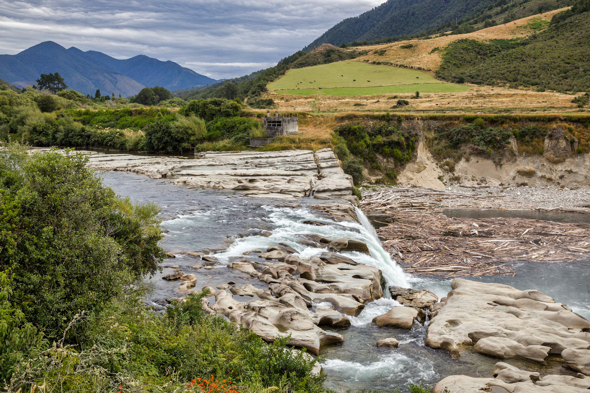 View of Maruia waterfall in New Zealand