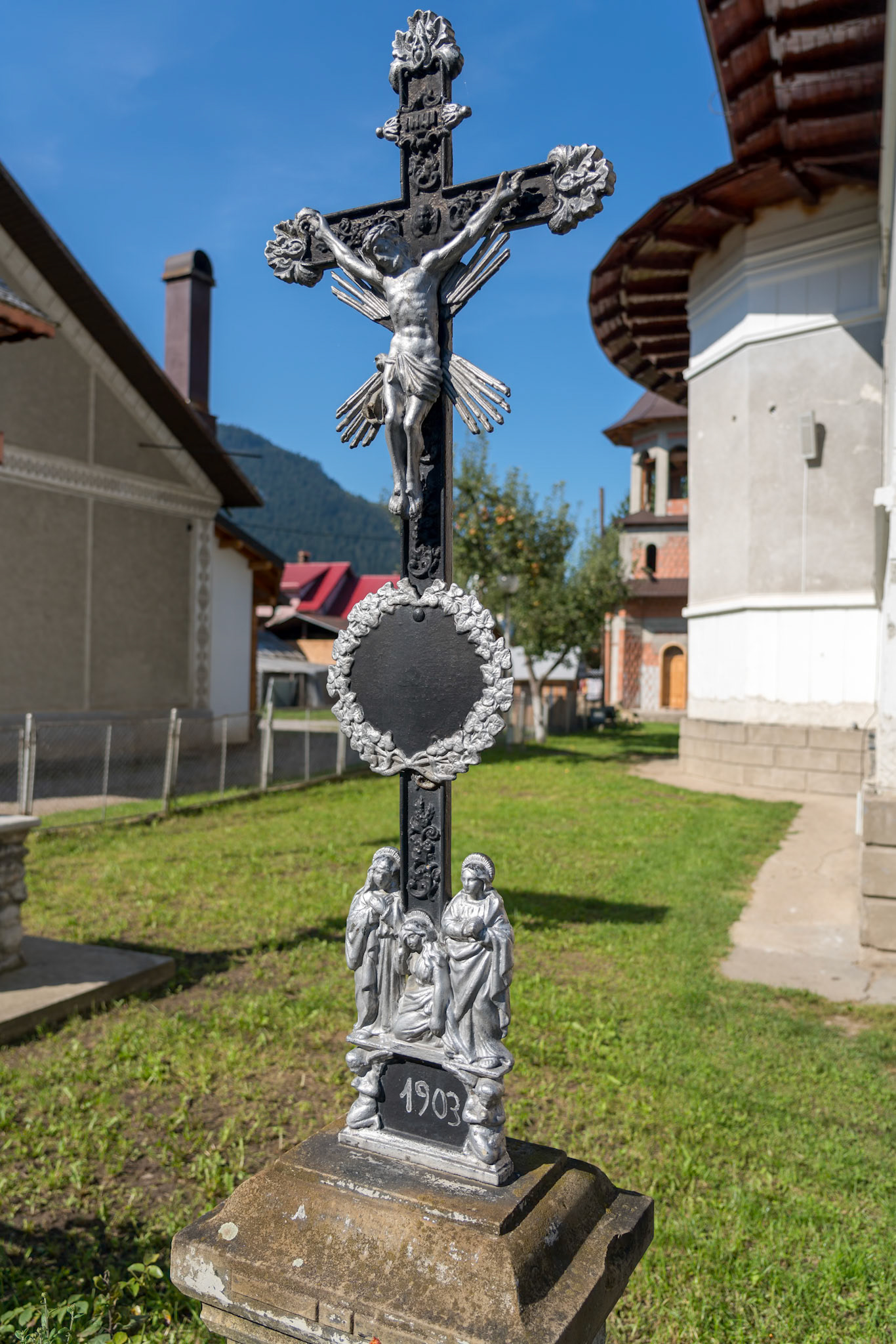 CAMPULUNG MOLDOVENESC, TRANSYLVANIA/ROMANIA - SEPTEMBER 18 : Cross outside a Greek Orthodox Church being renovated in Campulung Moldovenesc Transylvania Romania on September 18, 2018
