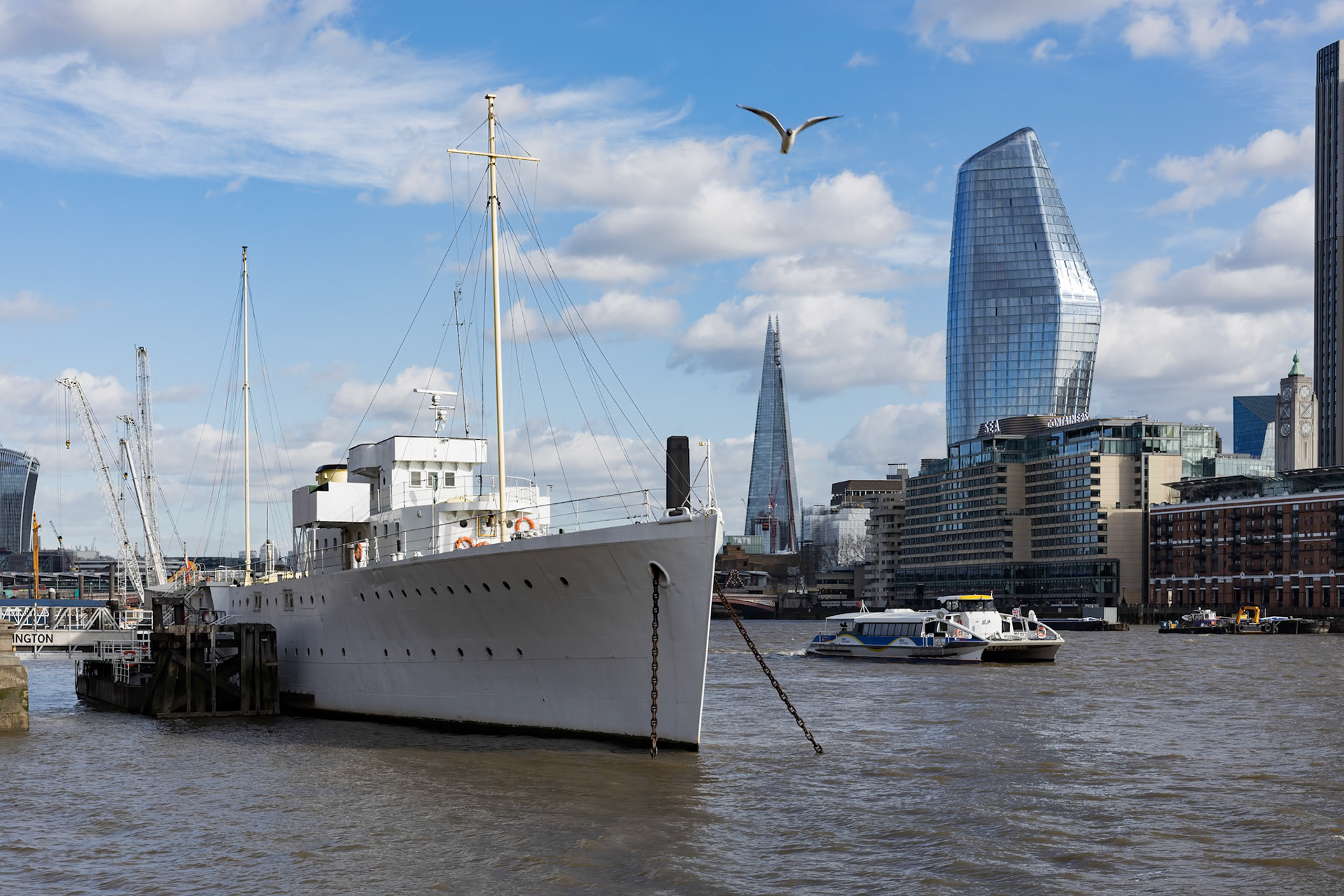 LONDON, UK - MARCH 11 : HMS Wellington moored on the River Thames in London on March 11, 2019