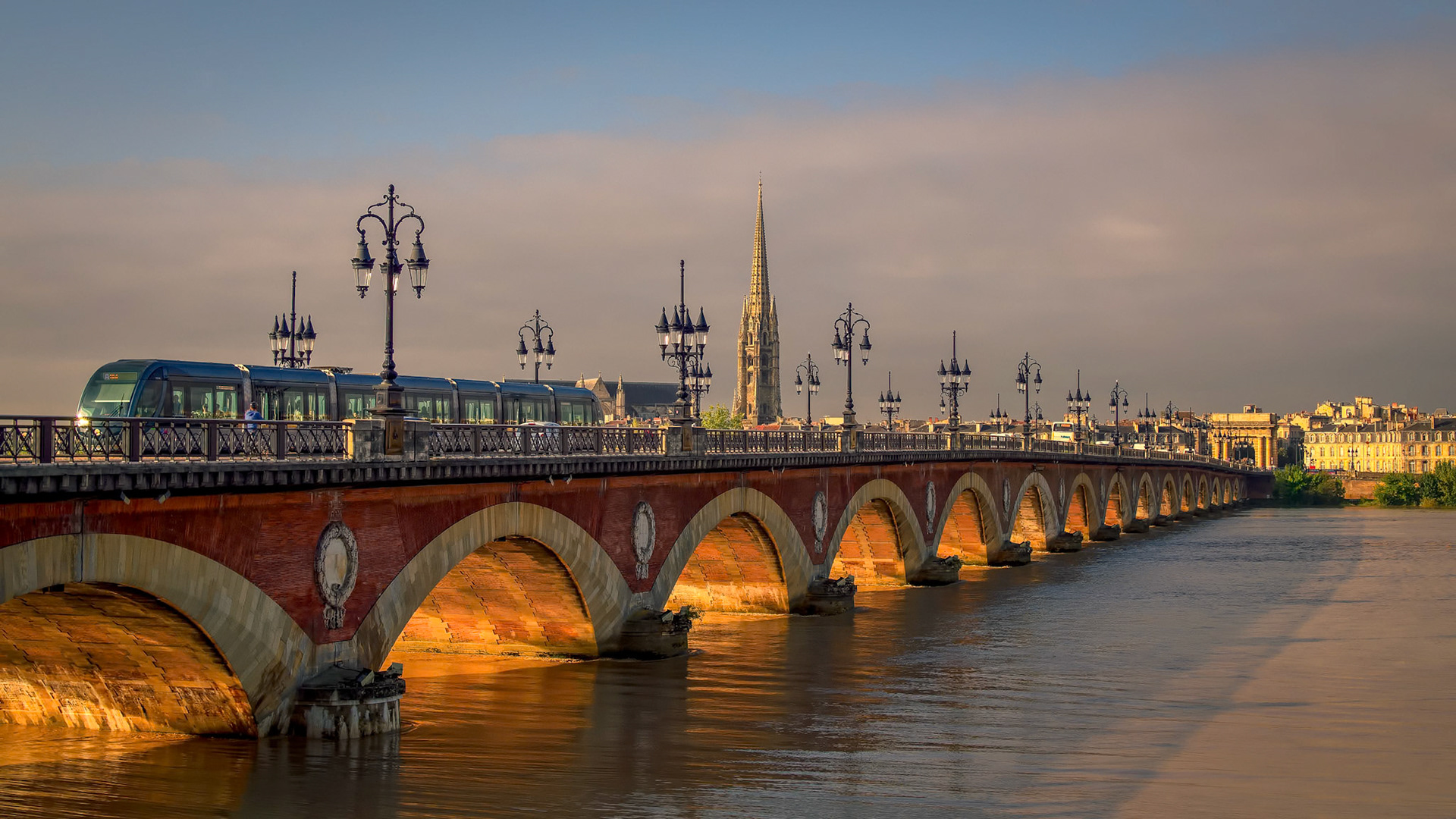 Tram Passing over the Pont de Pierre Spanning the River Garonne in Bordeaux